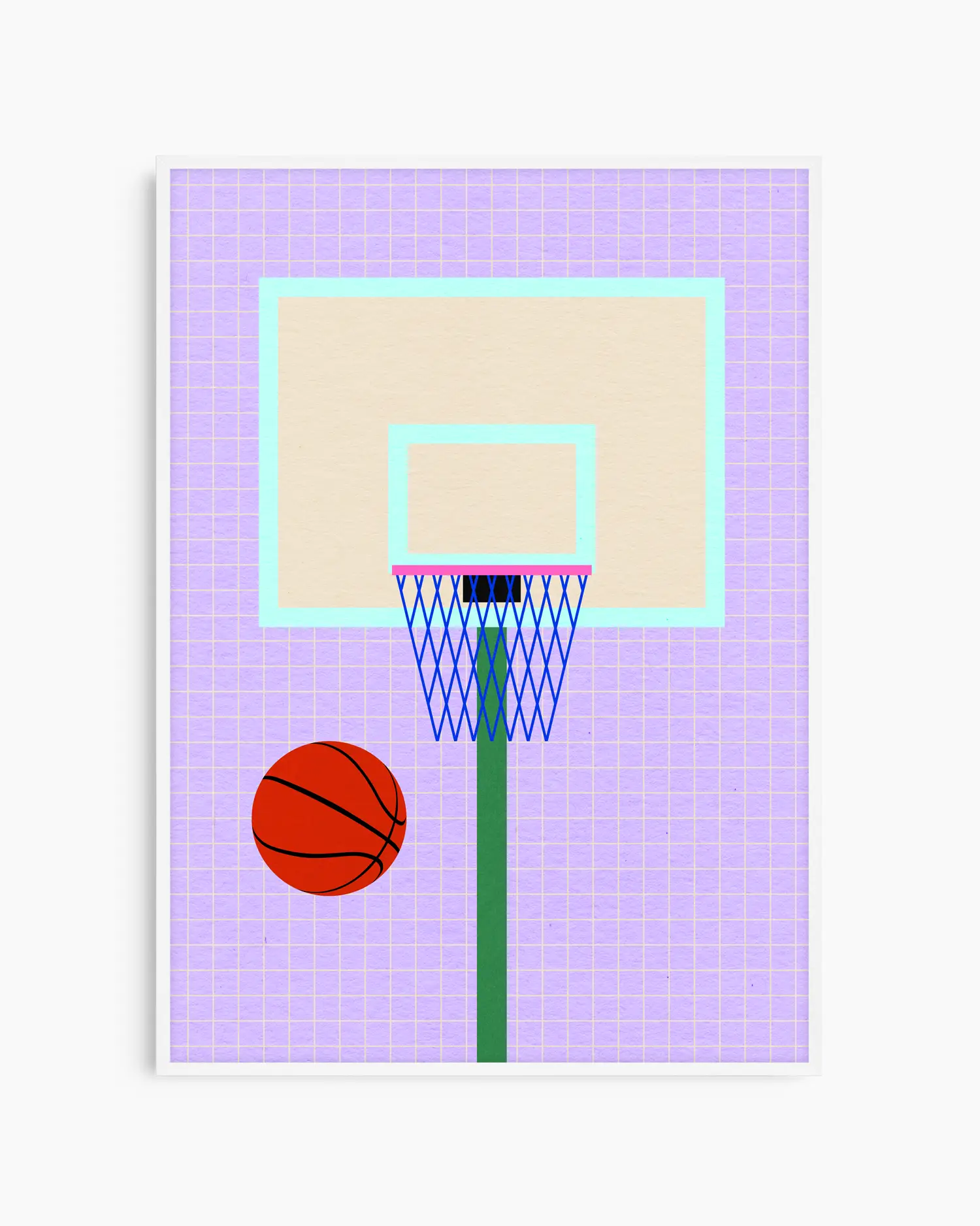 Illustration of a basketball hoop and ball on a purple grid background