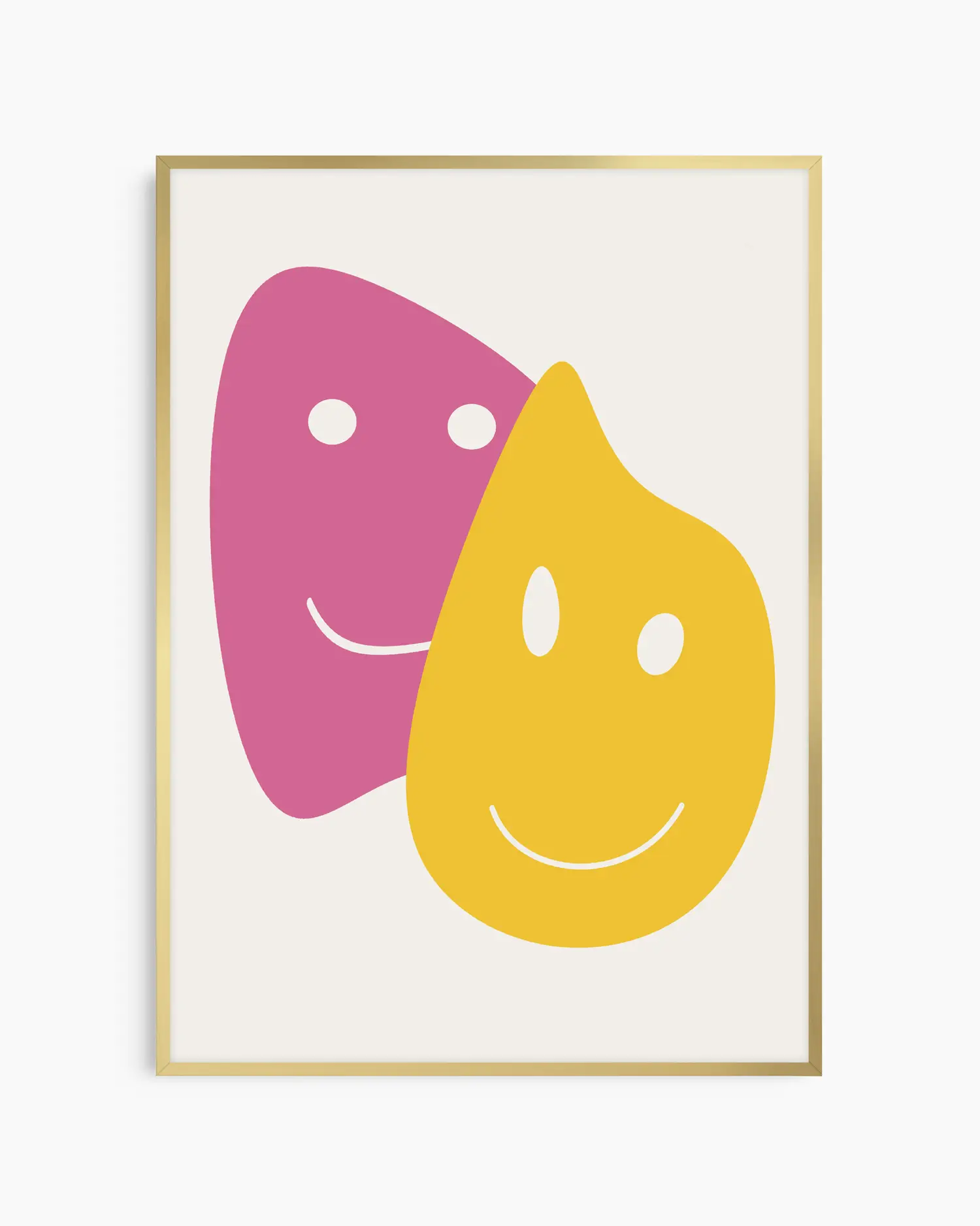 Framed artwork with pink and yellow abstract shapes resembling faces on a white background
