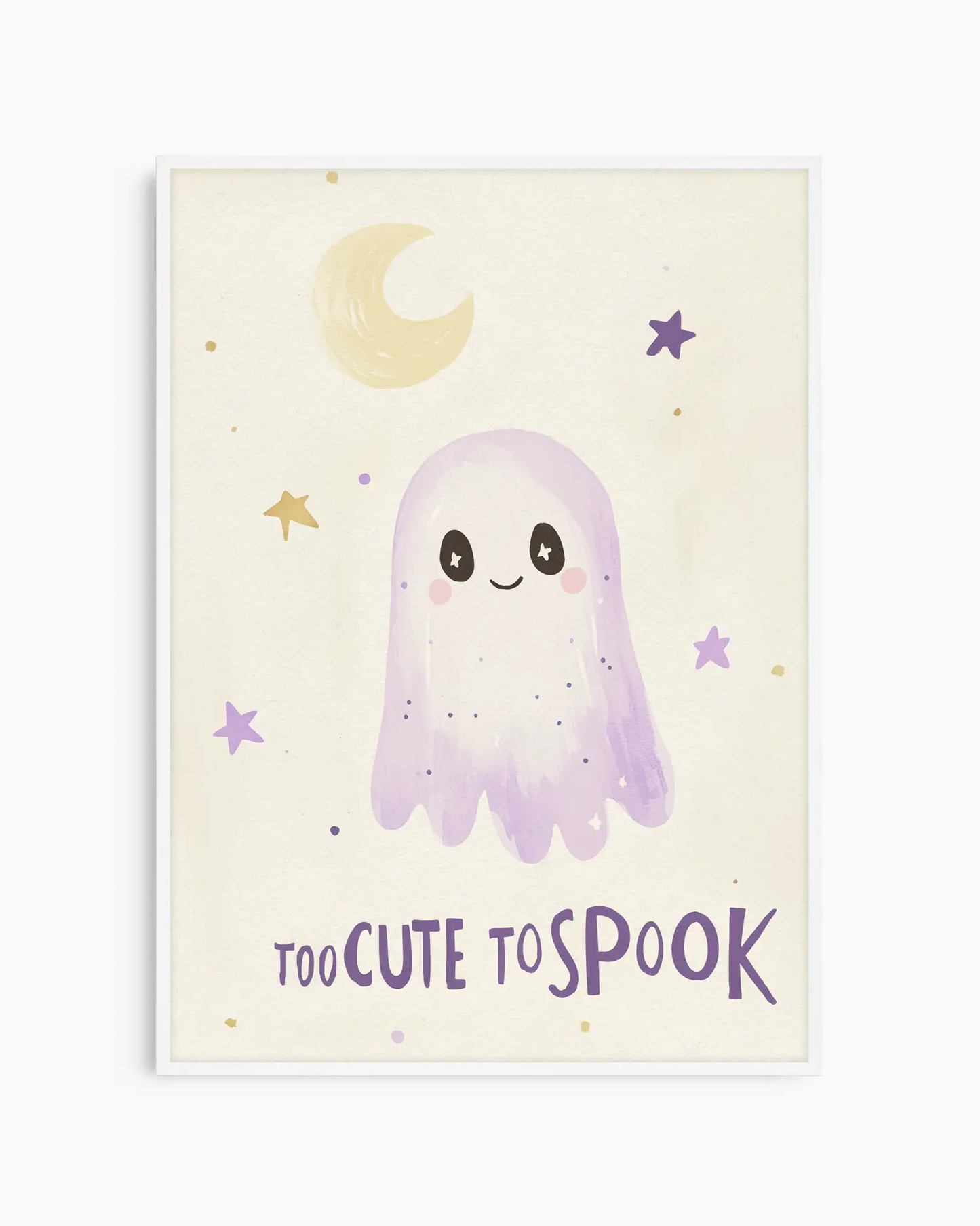 Cartoon ghost with 'Too Cute to Spook' text on a starry night background