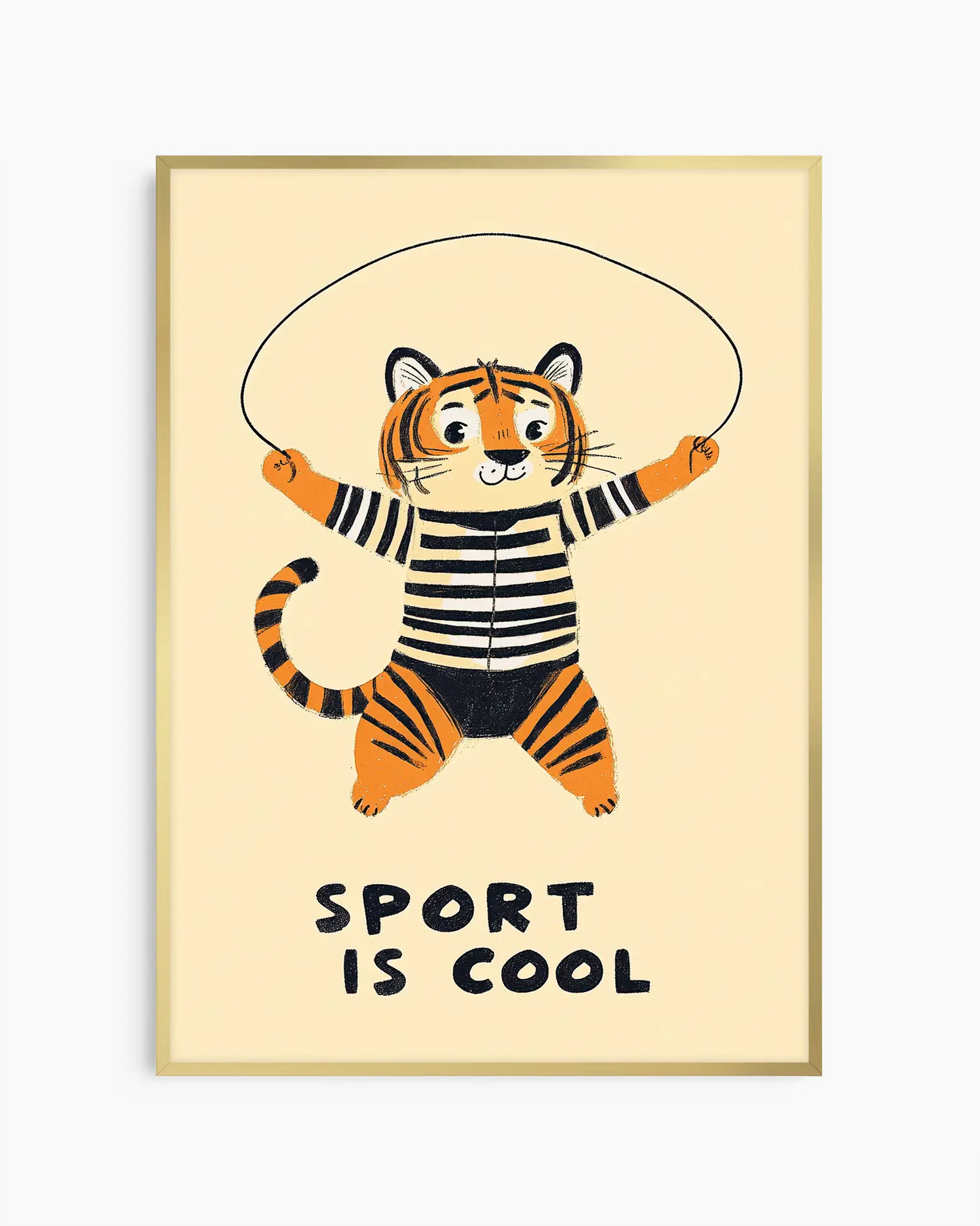 Framed artwork of a tiger in a striped outfit with a skipping rope, on a beige background with 'Sport is Cool' text.