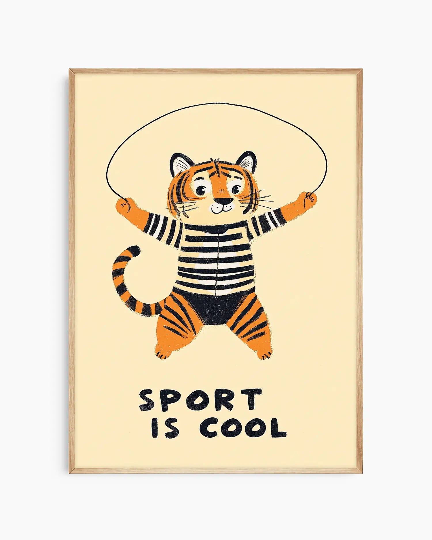 Framed artwork of a tiger in a striped outfit with a skipping rope, on a beige background with 'Sport is Cool' text.