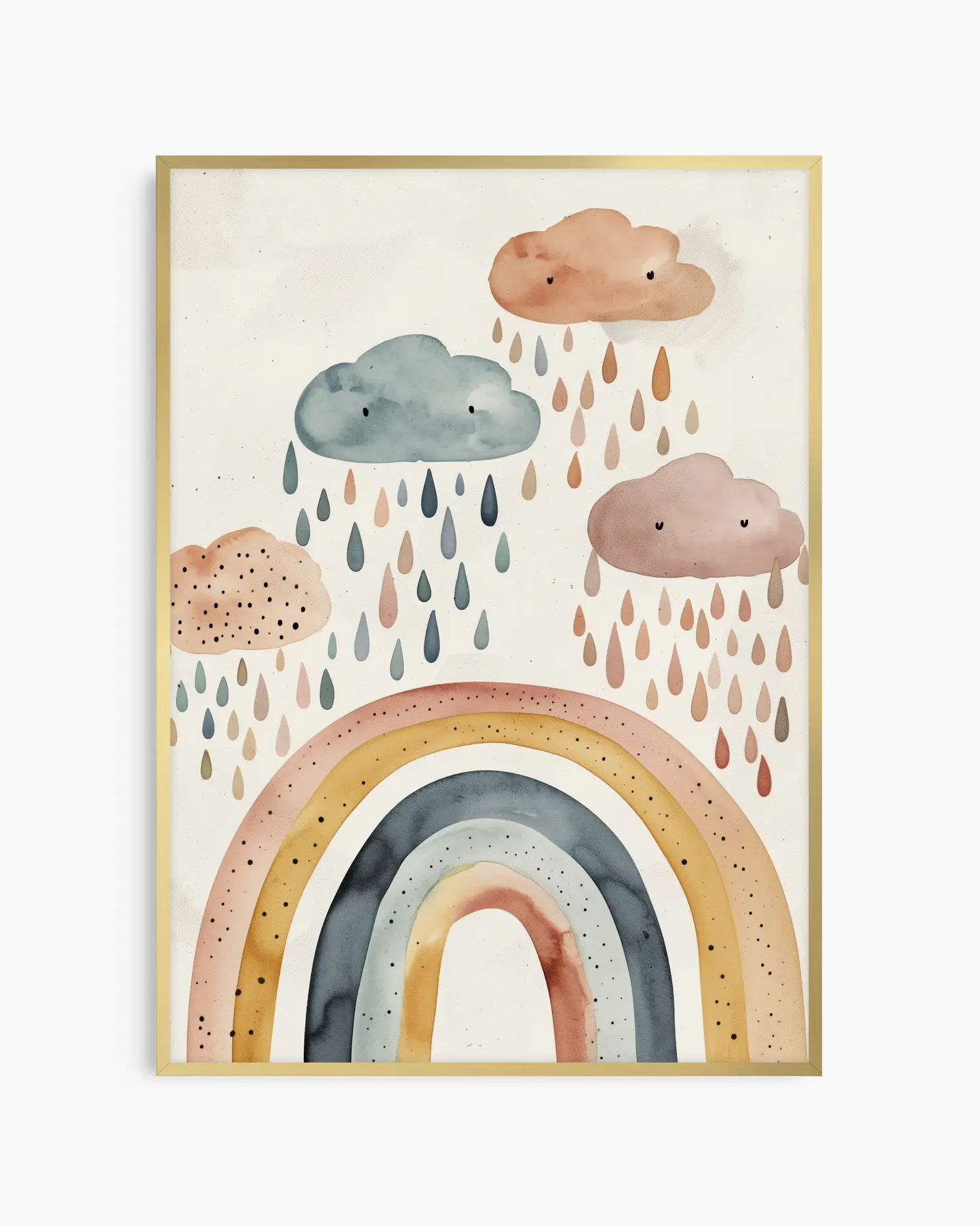 Framed artwork with colorful rainbow and clouds on a white background