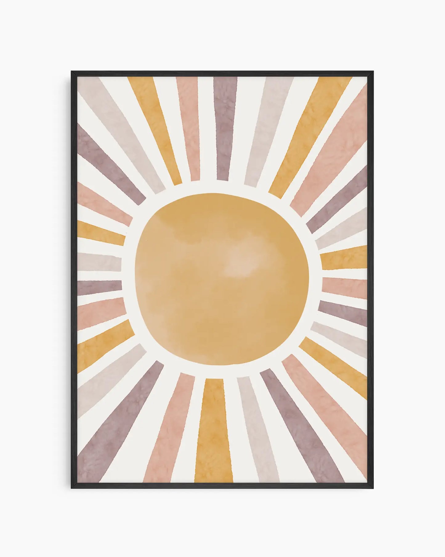Framed abstract art print with a sun design in pastel colors on a white background