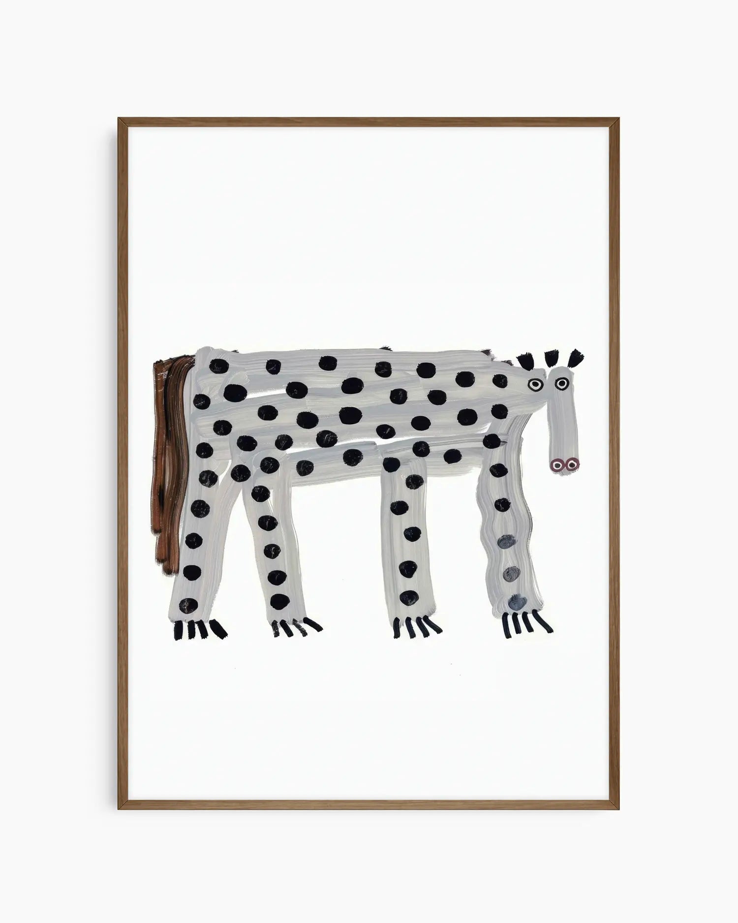 Framed artwork of a spotted animal on a white background