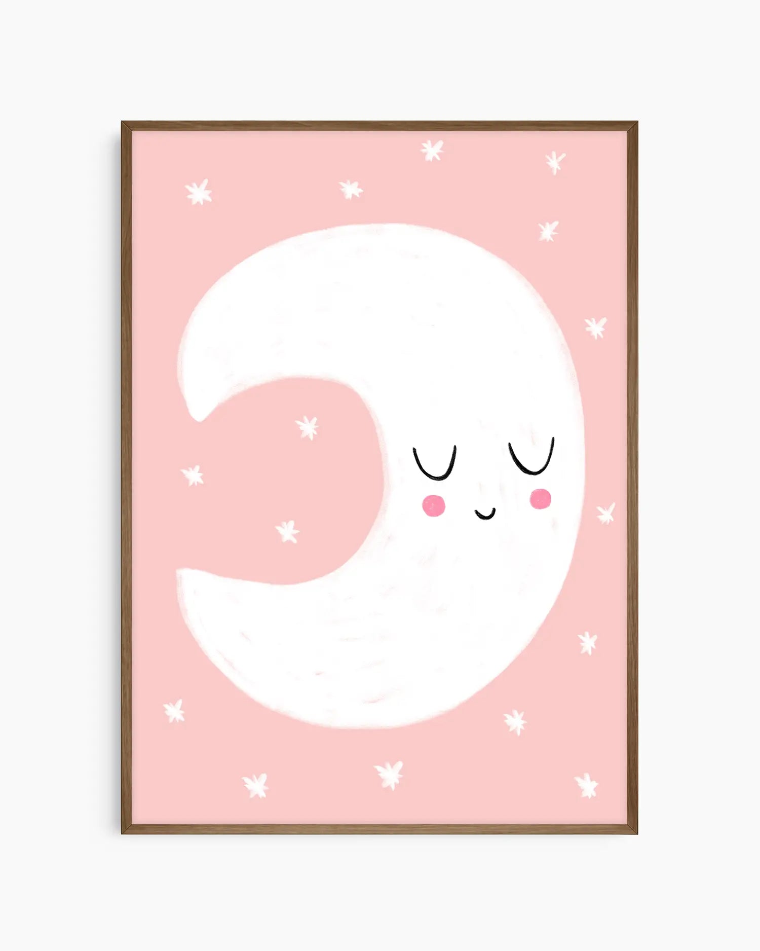 Framed artwork of a smiling moon on a pink background with white stars.