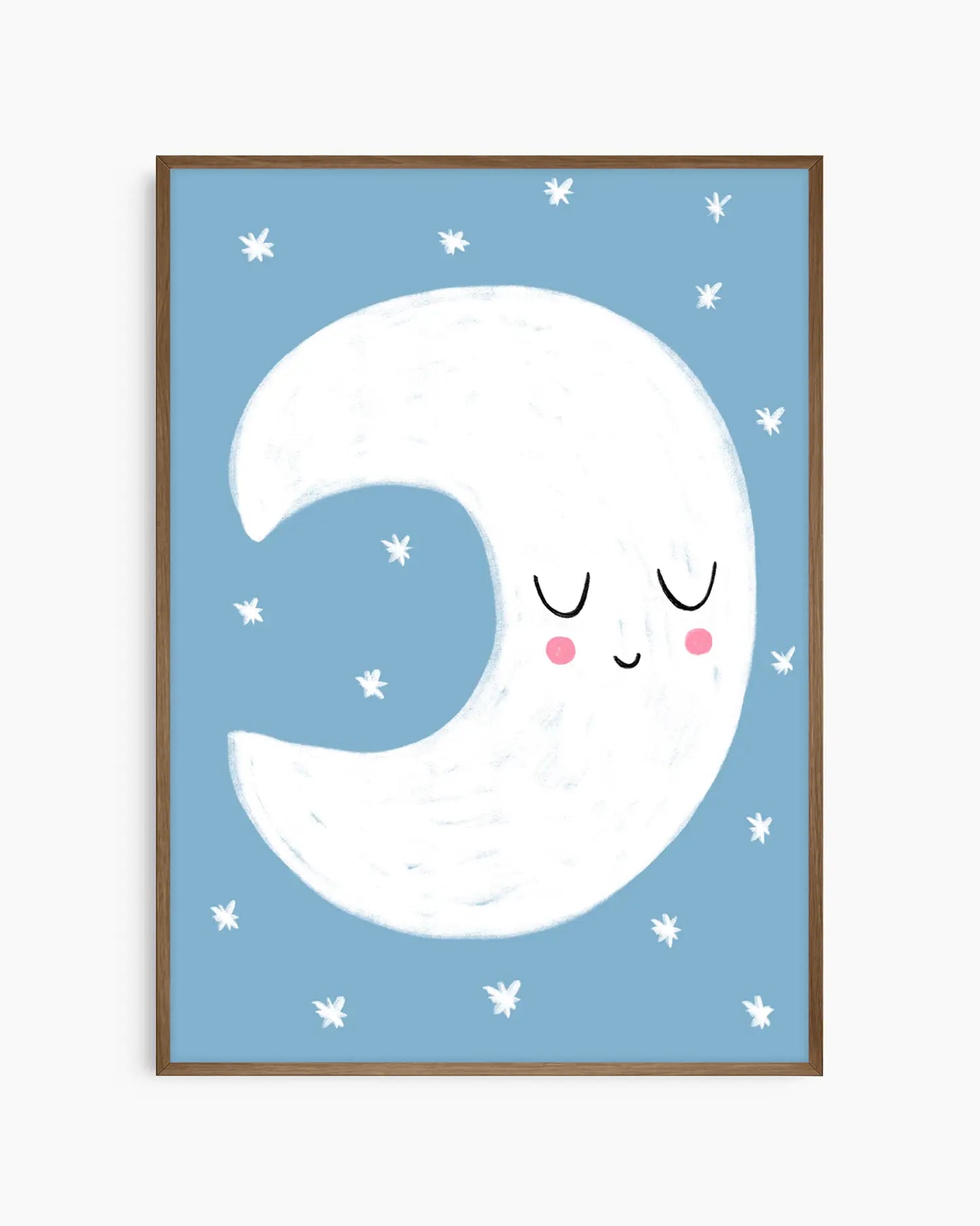 Framed artwork of a smiling moon on a blue background with white stars.