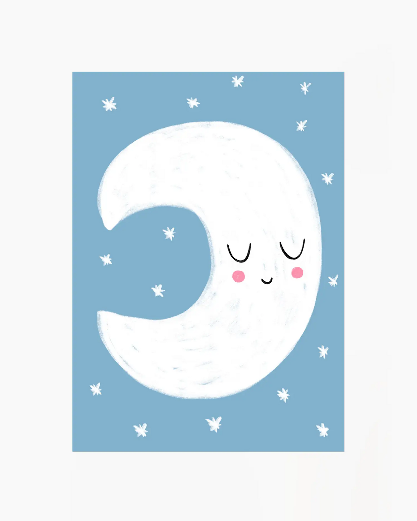 Cartoon moon with a smiling face on a blue background with white stars