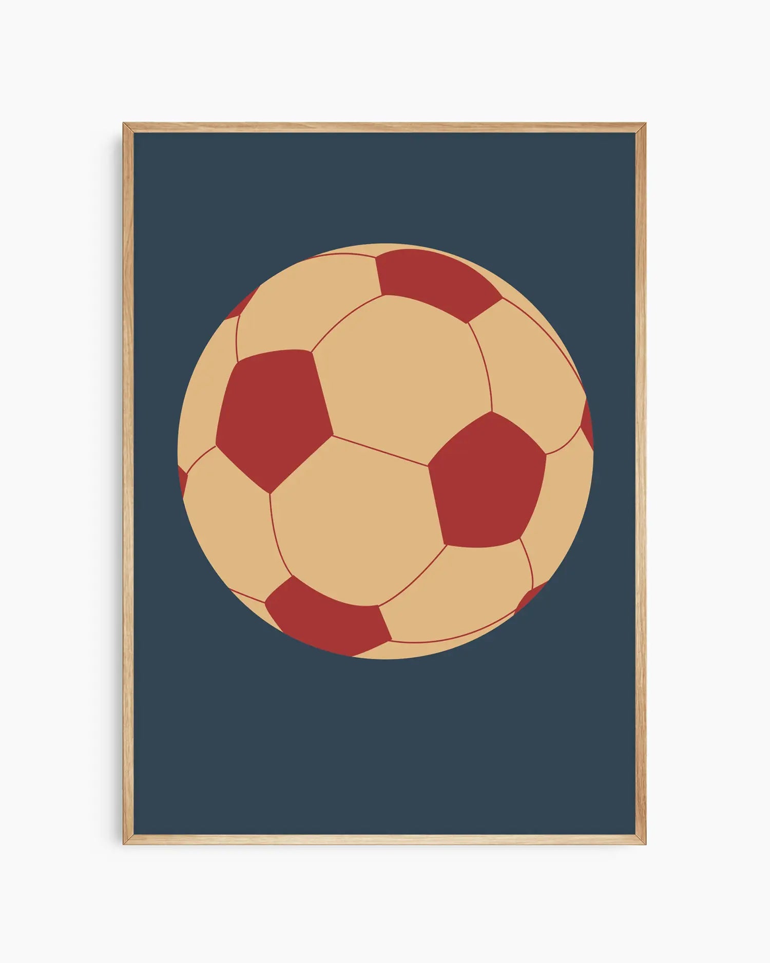 Framed artwork of a soccer ball with red and beige design on a dark blue background