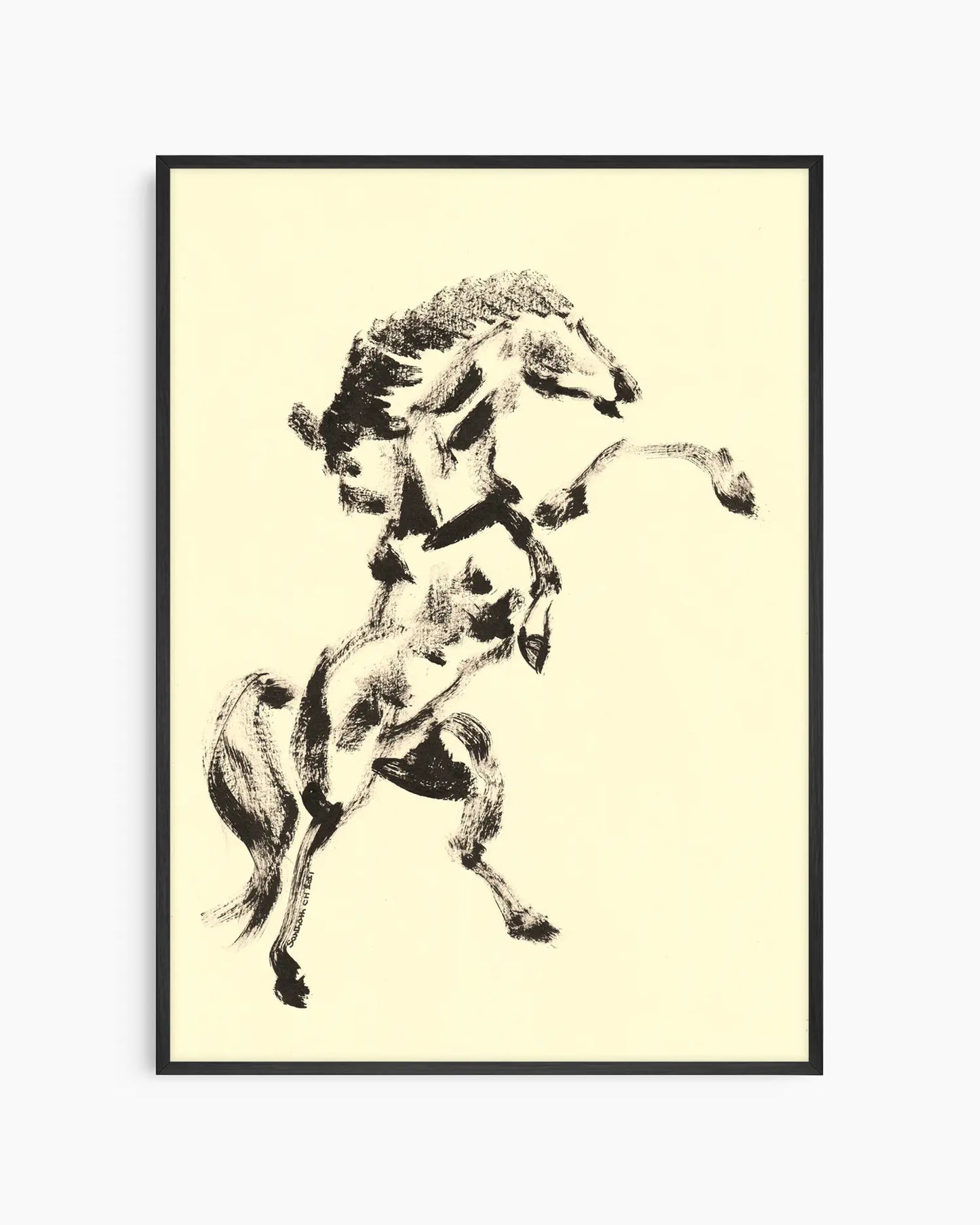 Framed artwork of a horse on a beige background