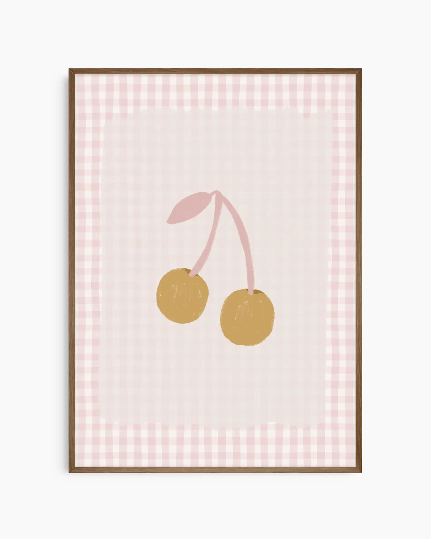 Framed artwork with two cherries on a pink checkered background