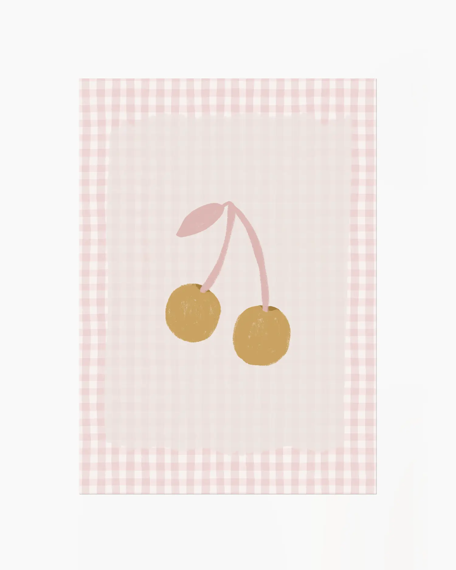 Decorative kitchen towel with cherry design on a pink gingham background