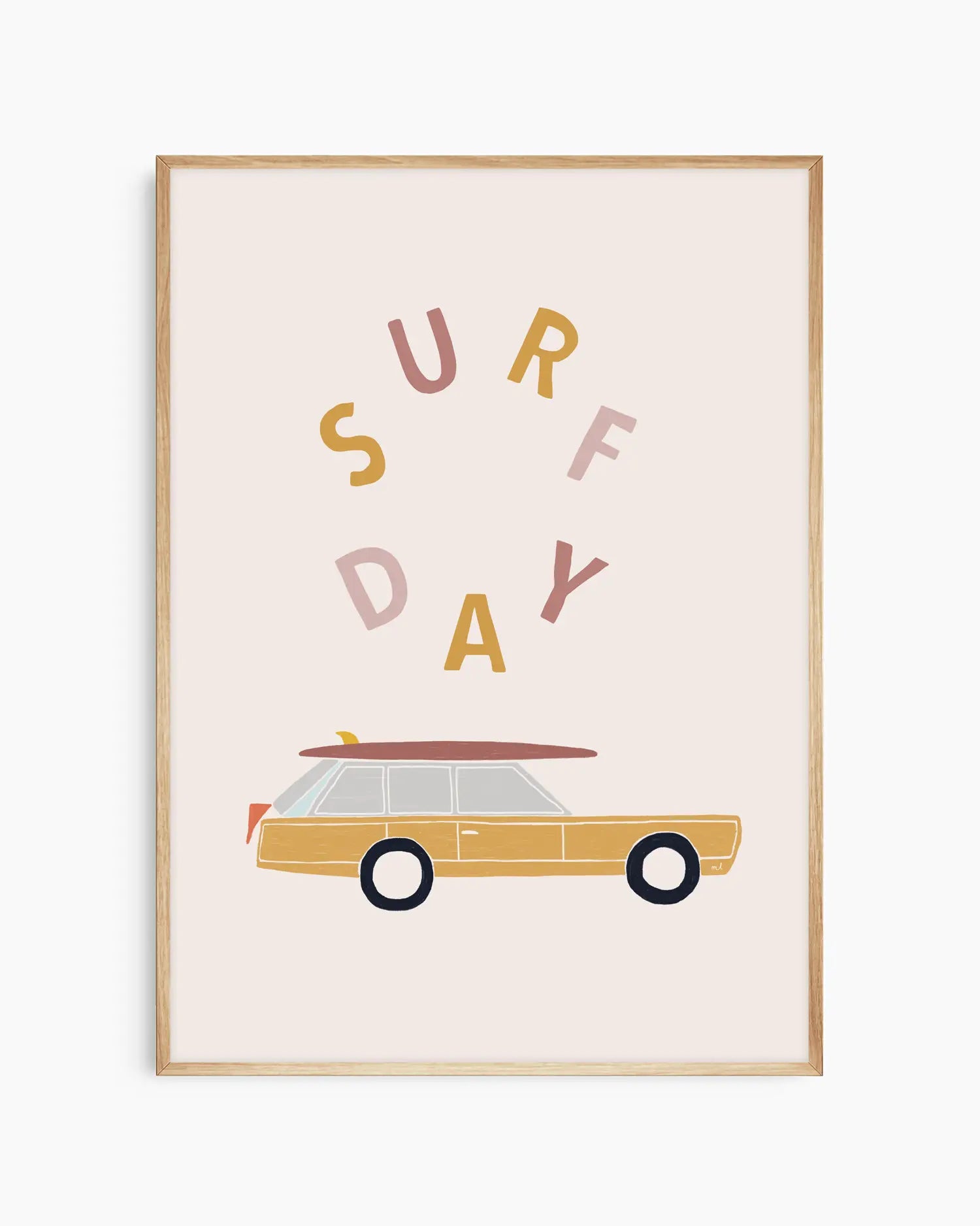 Framed artwork with a car and 'Surf Day' text on a light background
