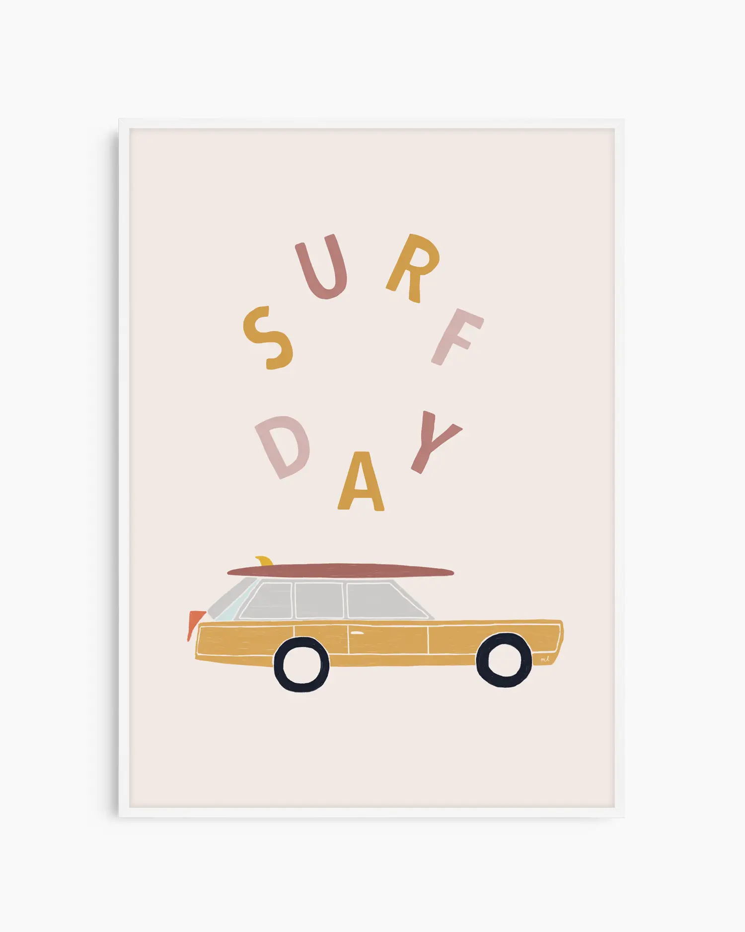 Poster with a car and 'Surf Day' text on a light pink background