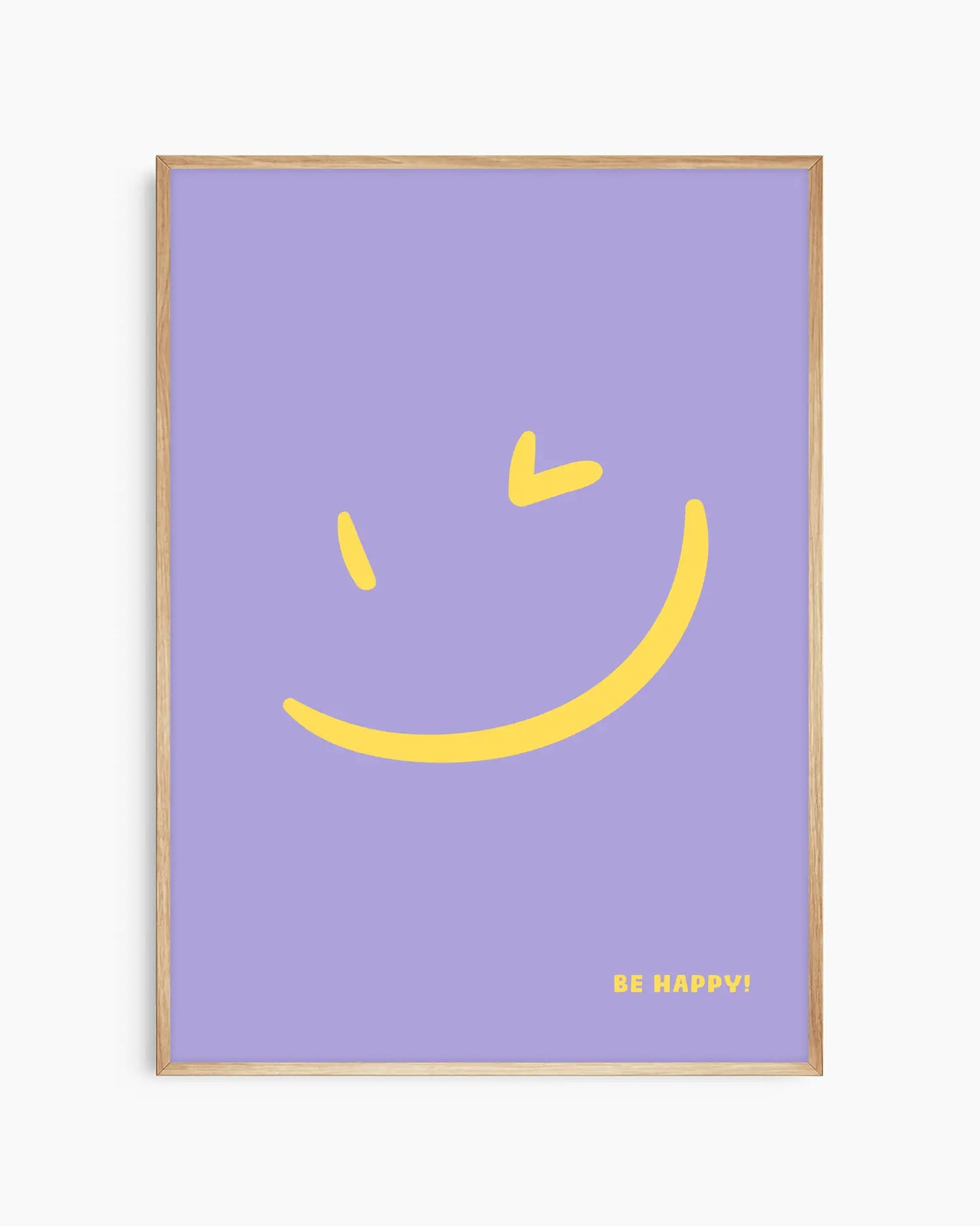 Nursery poster with a yellow smiley face and 'BE HAPPY!' text on a purple background framed in an oak wooden frame.