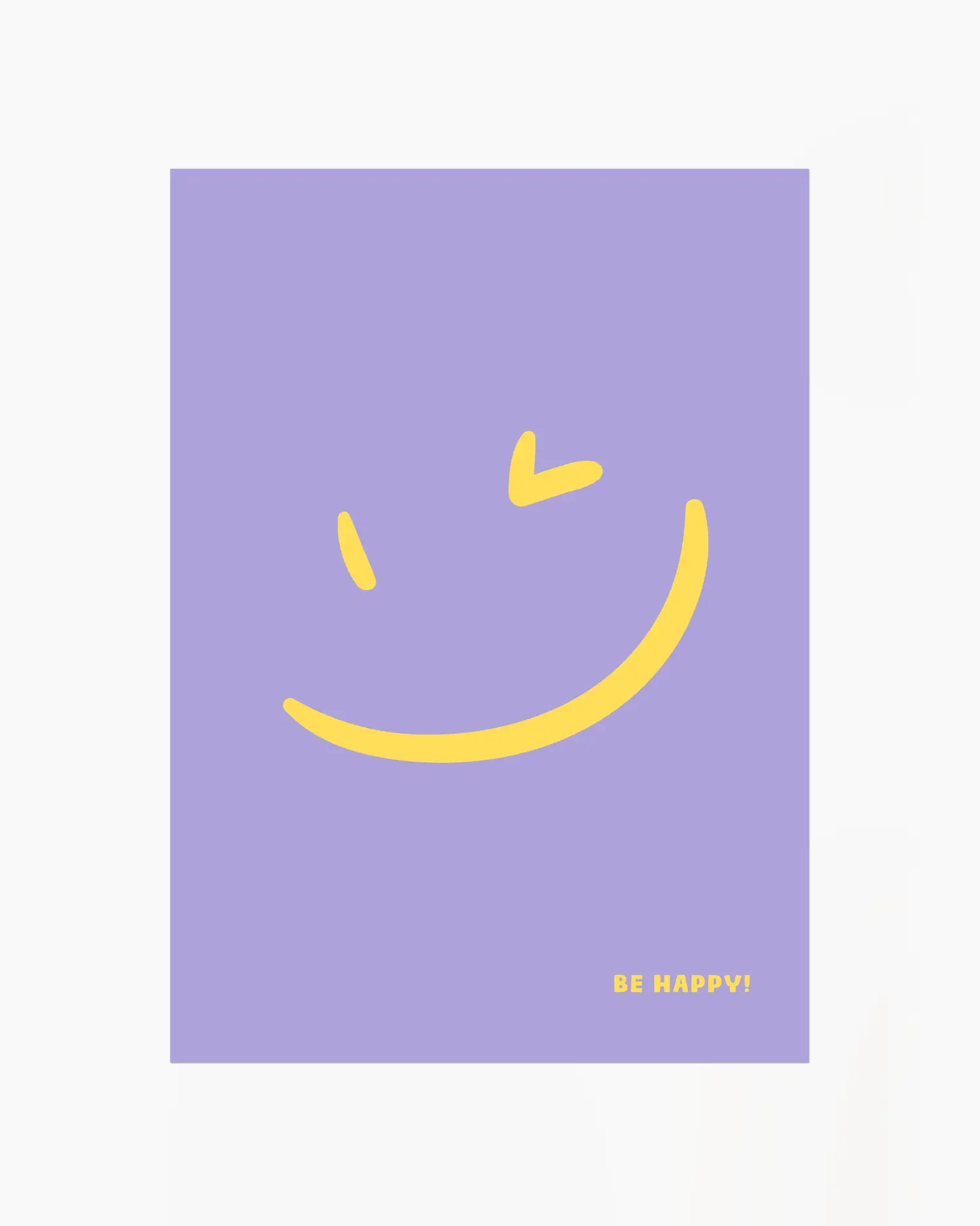 Nursery poster with a yellow smiley face and 'BE HAPPY!' text on a purple background.