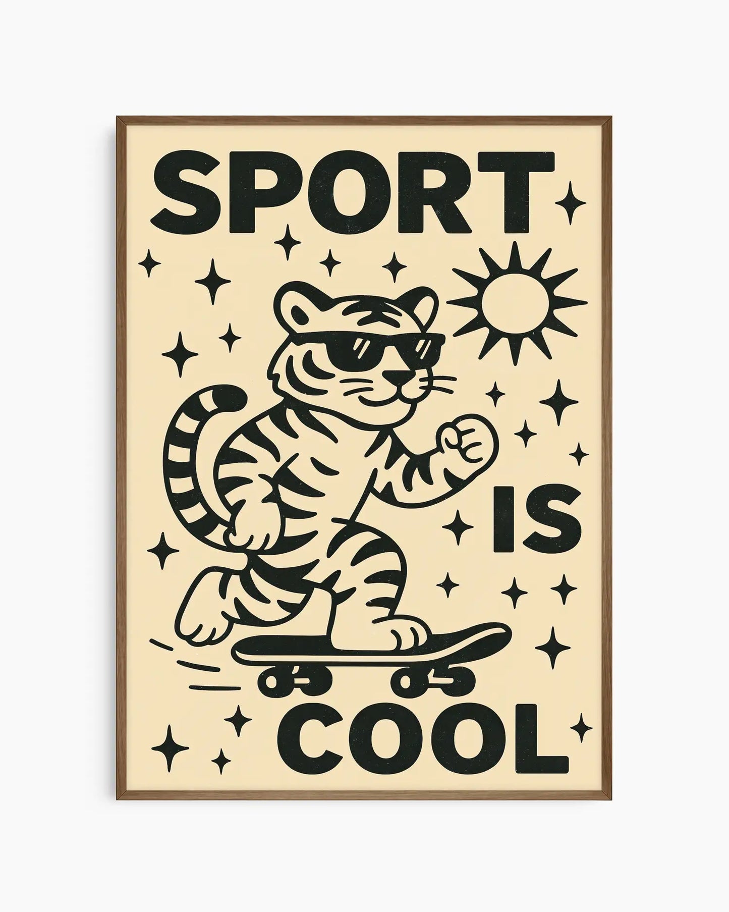 Poster with a tiger on a skateboard and 'Sport is Cool' text on a beige background