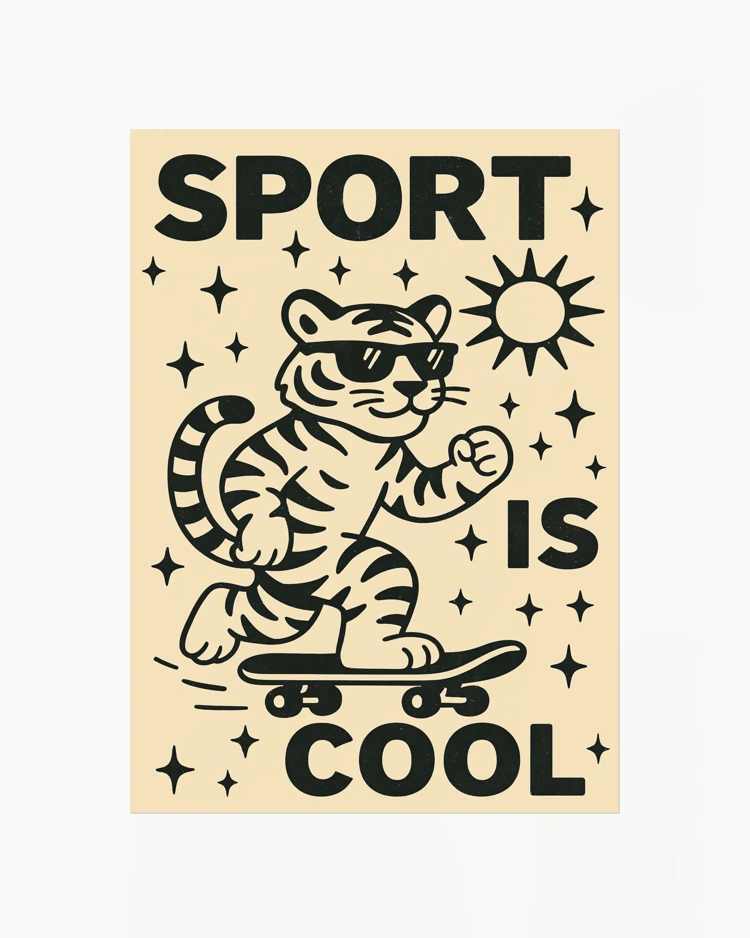Poster with a tiger on a skateboard and 'Sport is Cool' text on a beige background