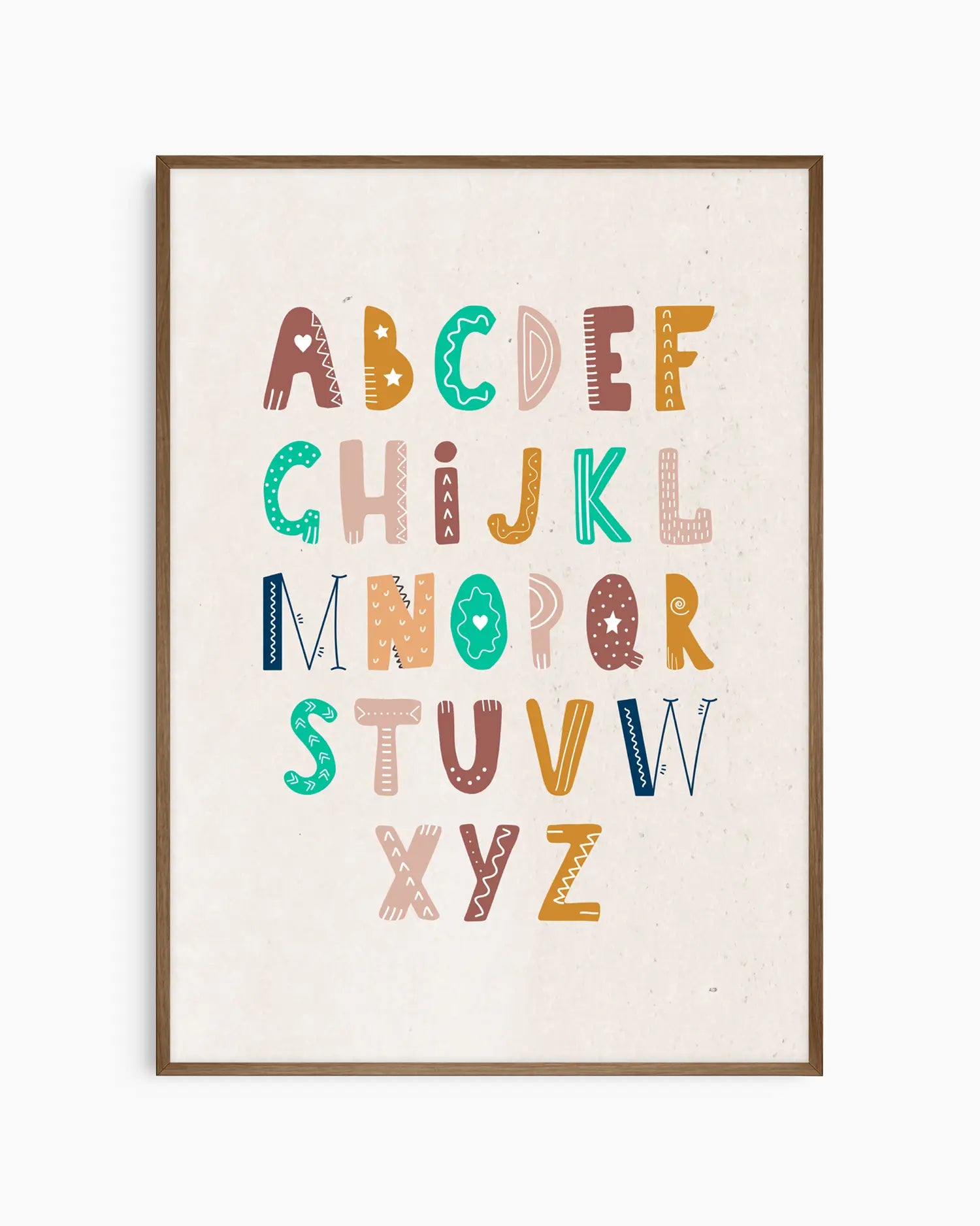 Framed alphabet poster with colorful letters on a white background