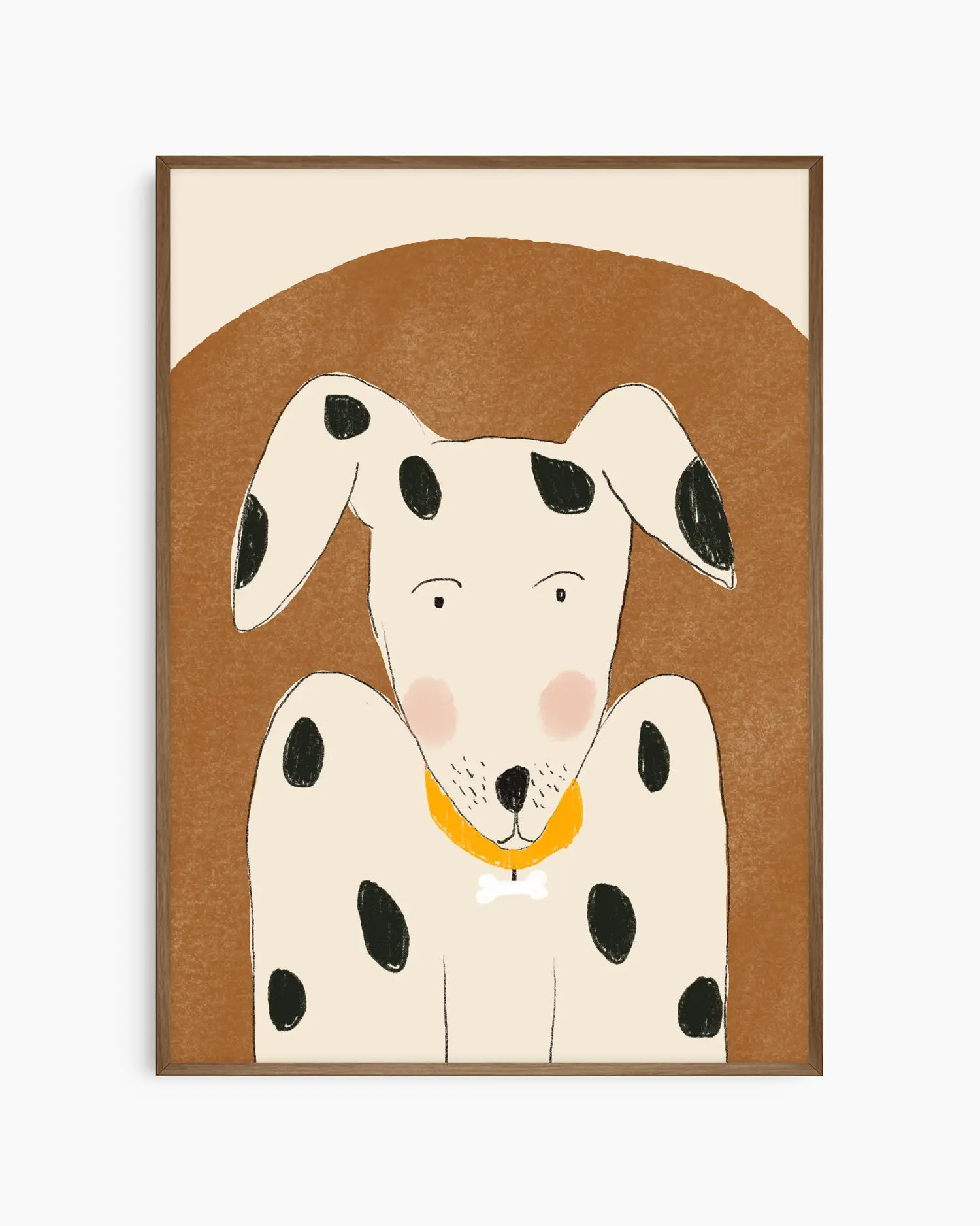 Framed illustration of a dalmatian dog on a brown background
