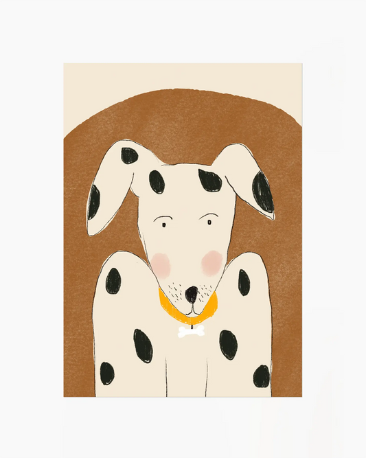 Illustration of a dalmatian dog with a brown border on a beige background