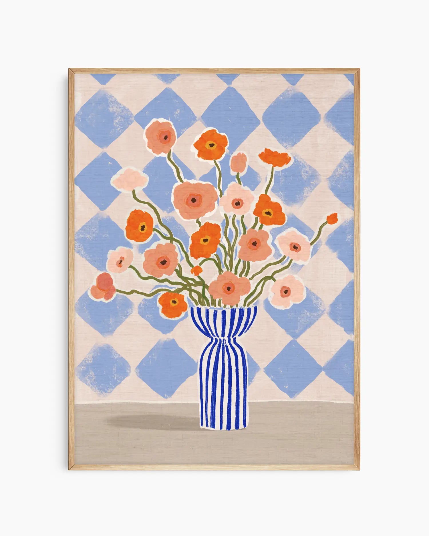Nursery poster of a bouquet of flowers in a blue and white striped vase against a checkered background. Oak frame.