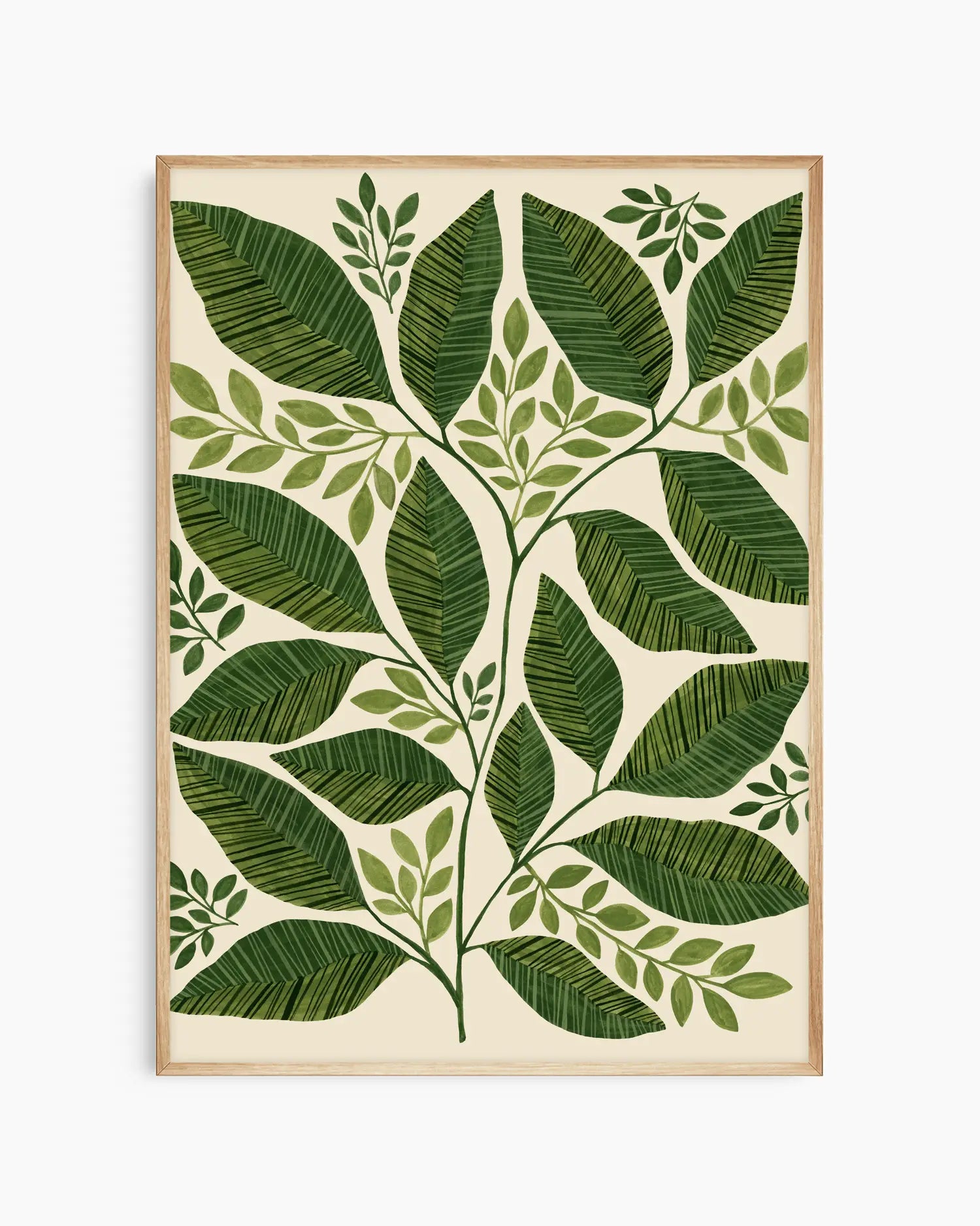 Framed artwork with green leaf pattern on a beige background