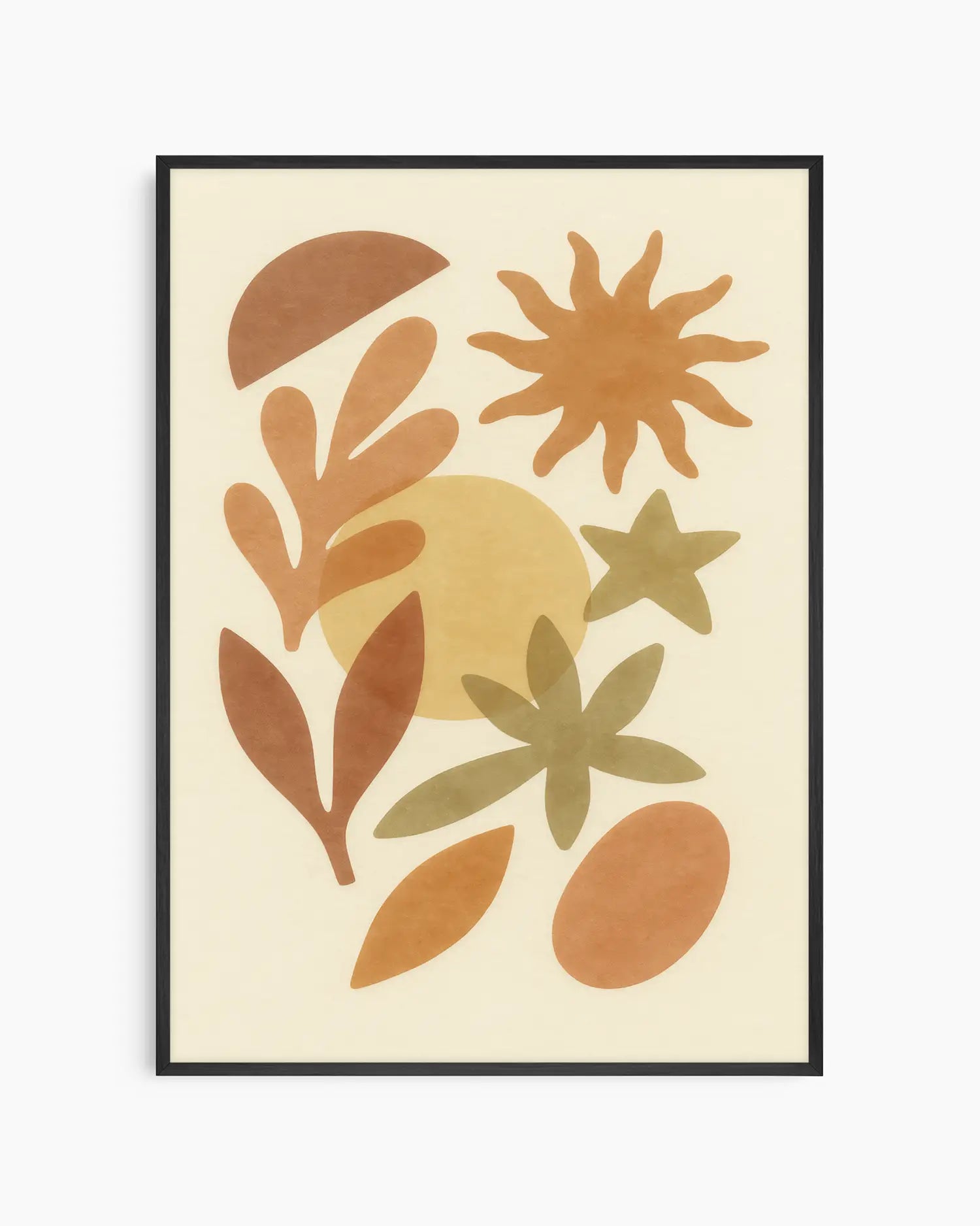 Framed artwork with abstract leaf and flower shapes in brown, green, and beige on a beige background
