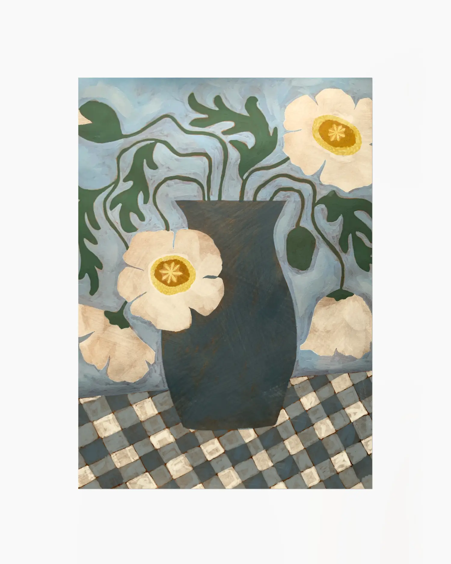 Decorative painting of a black vase with white flowers on a checkered surface