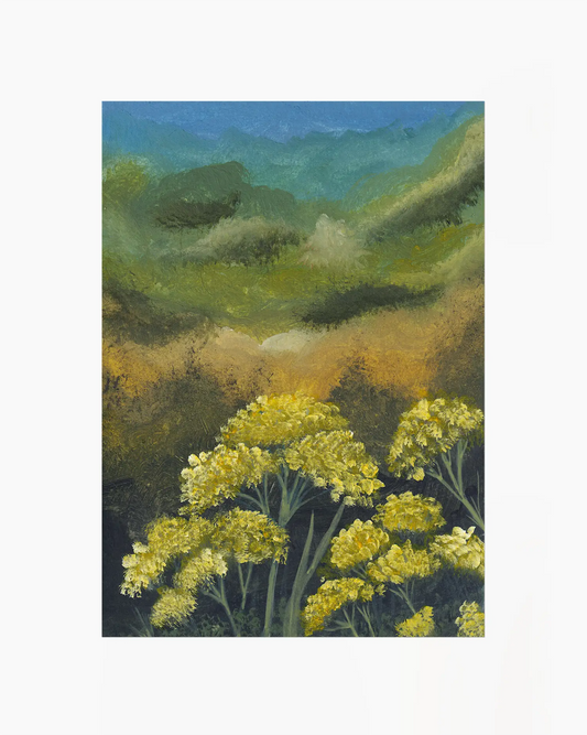 Painting of a landscape with yellow flowers and green hills.