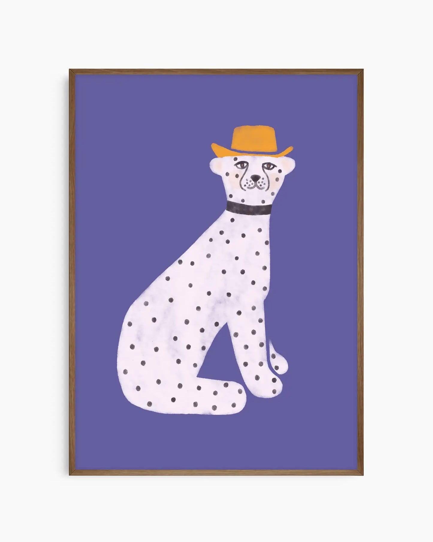 Framed artwork of a dalmatian dog wearing a hat on a purple background