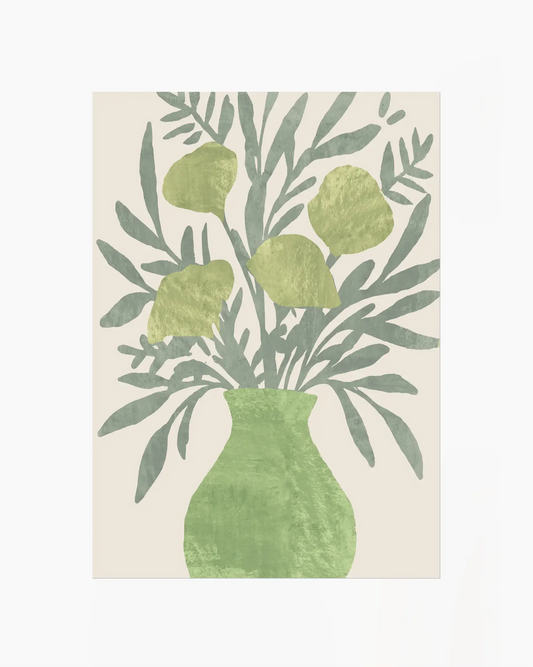 Decorative design of green leaves and a vase on a beige background