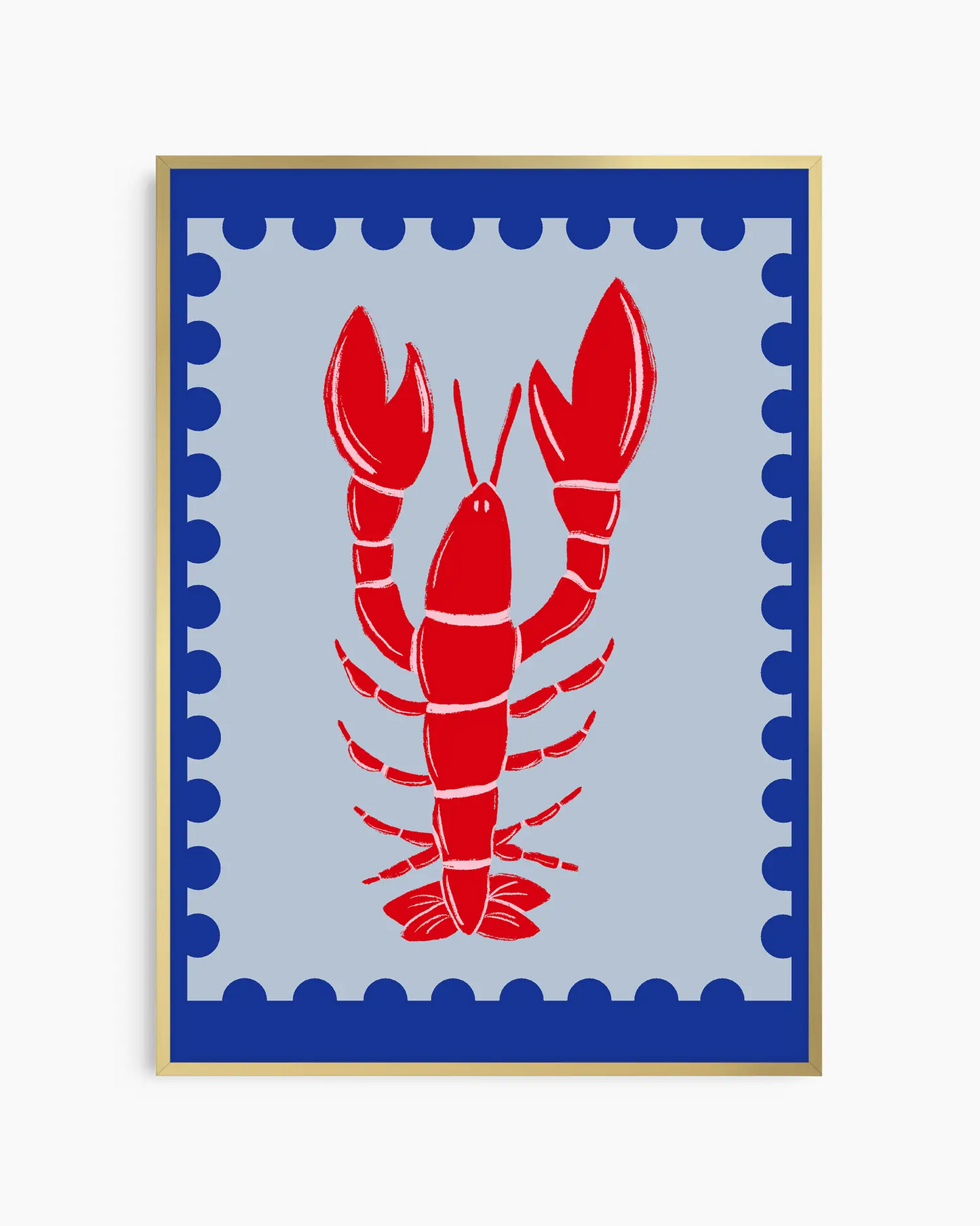 Framed artwork with a red lobster on a blue background