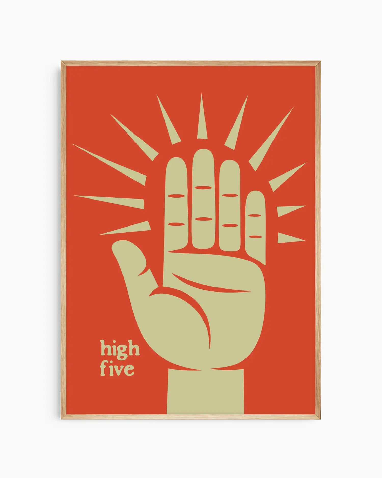 Nursery poster with a graphic of a hand giving a high-five on a red background framed in an oak wooden frame.
