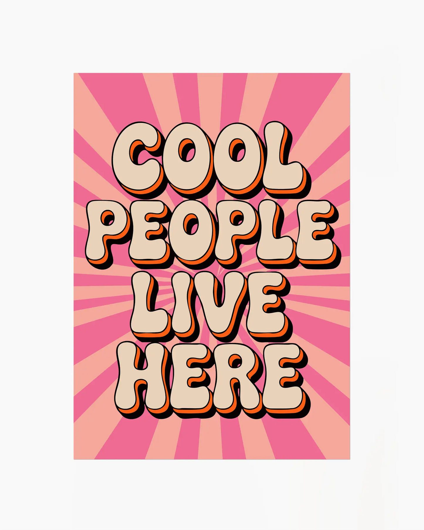 Nursery poster with 'Cool People Live Here' text on a pink sunburst background.