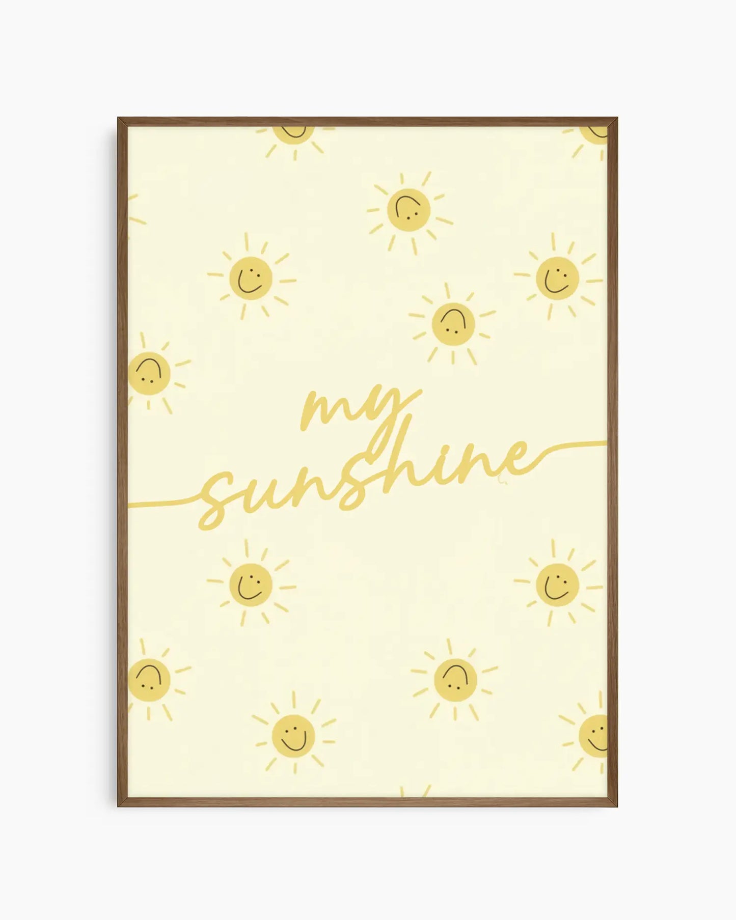 Framed artwork with 'my sunshine' text and sun illustrations on a light yellow background
