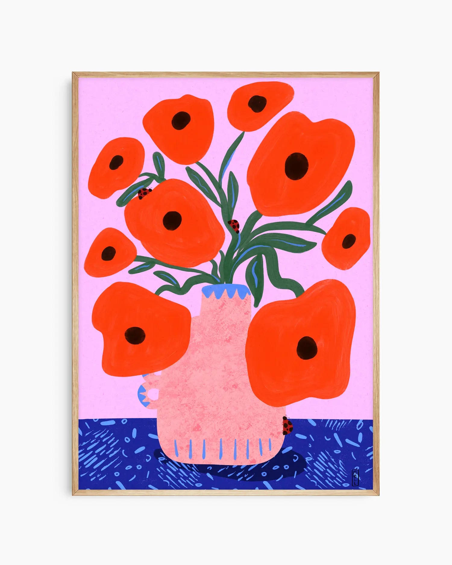 Framed artwork with red flowers and a pink vase on a pink background
