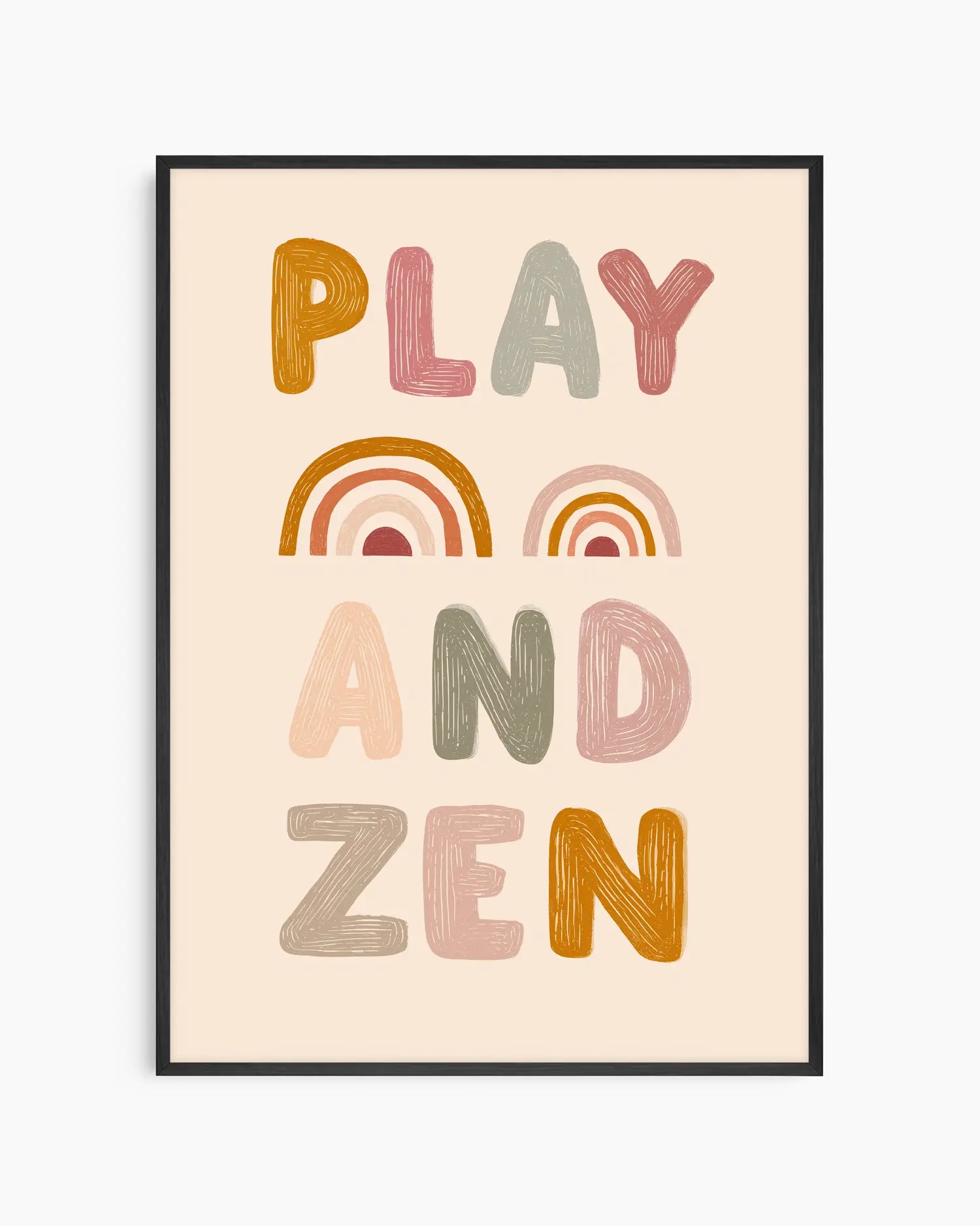 Framed artwork with 'PLAY AND ZEN' text and rainbow designs on a beige background