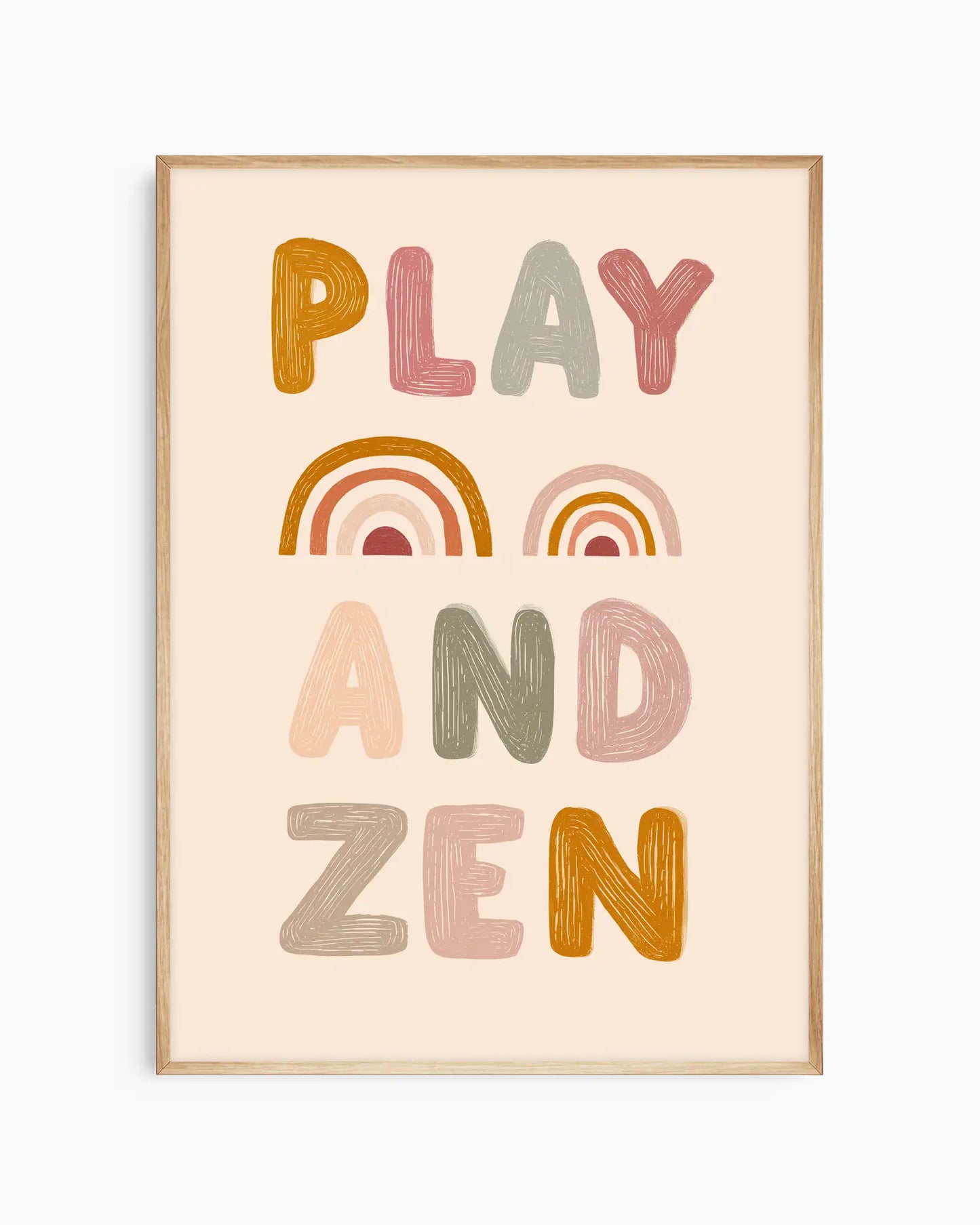 Framed artwork with 'PLAY AND ZEN' text and rainbow designs on a beige background