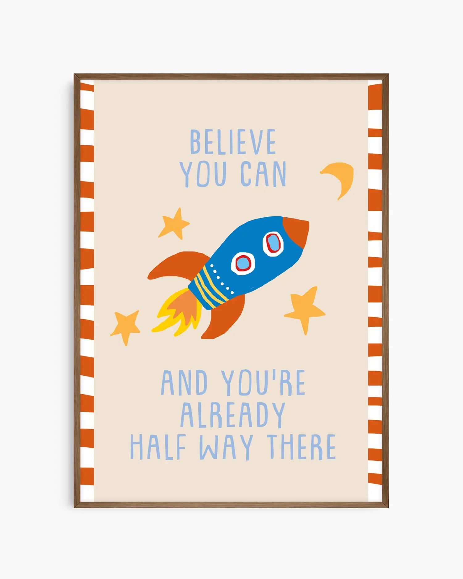 Motivational poster with a rocket ship and inspirational quote on a striped background