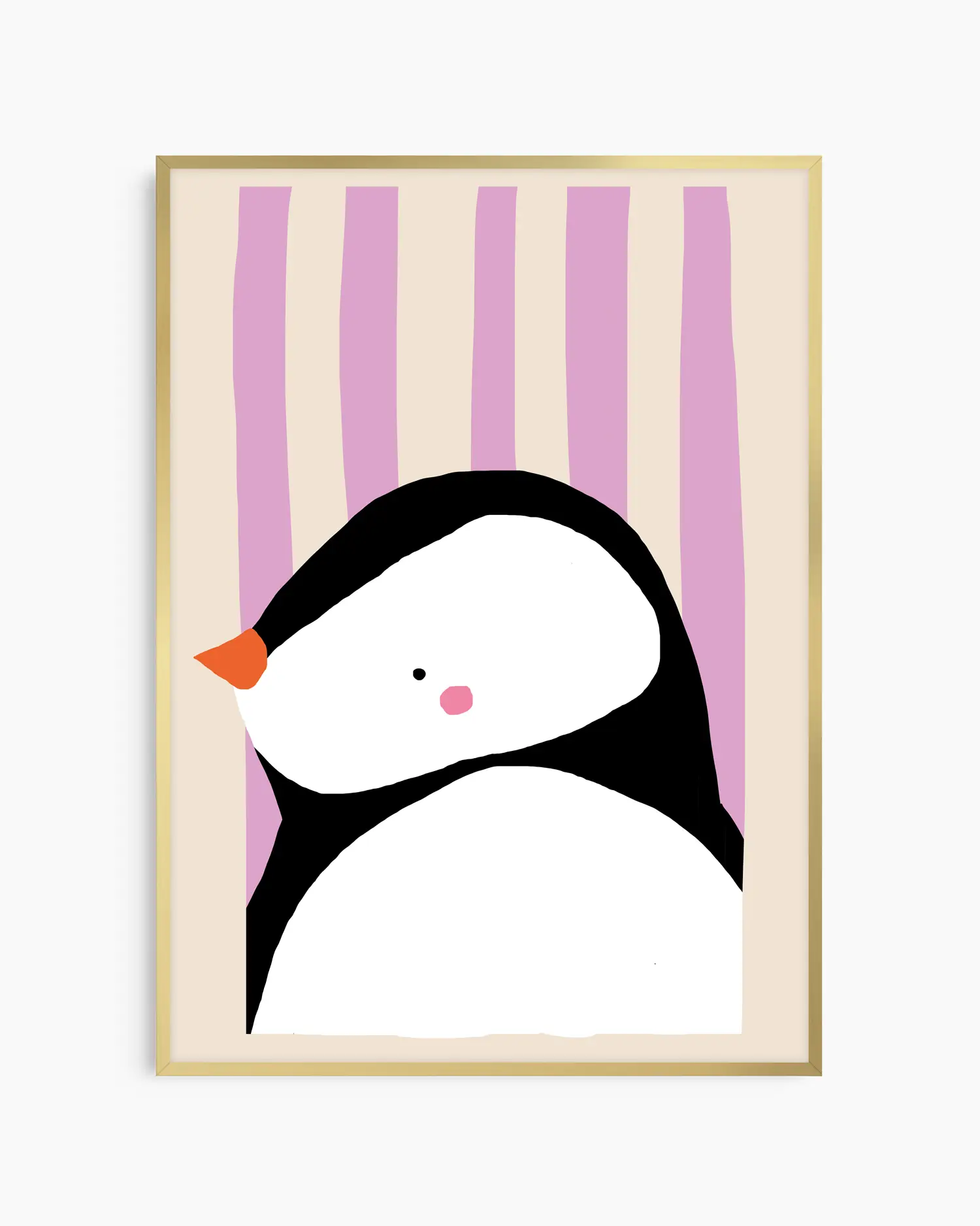 Framed artwork of a penguin with a striped background