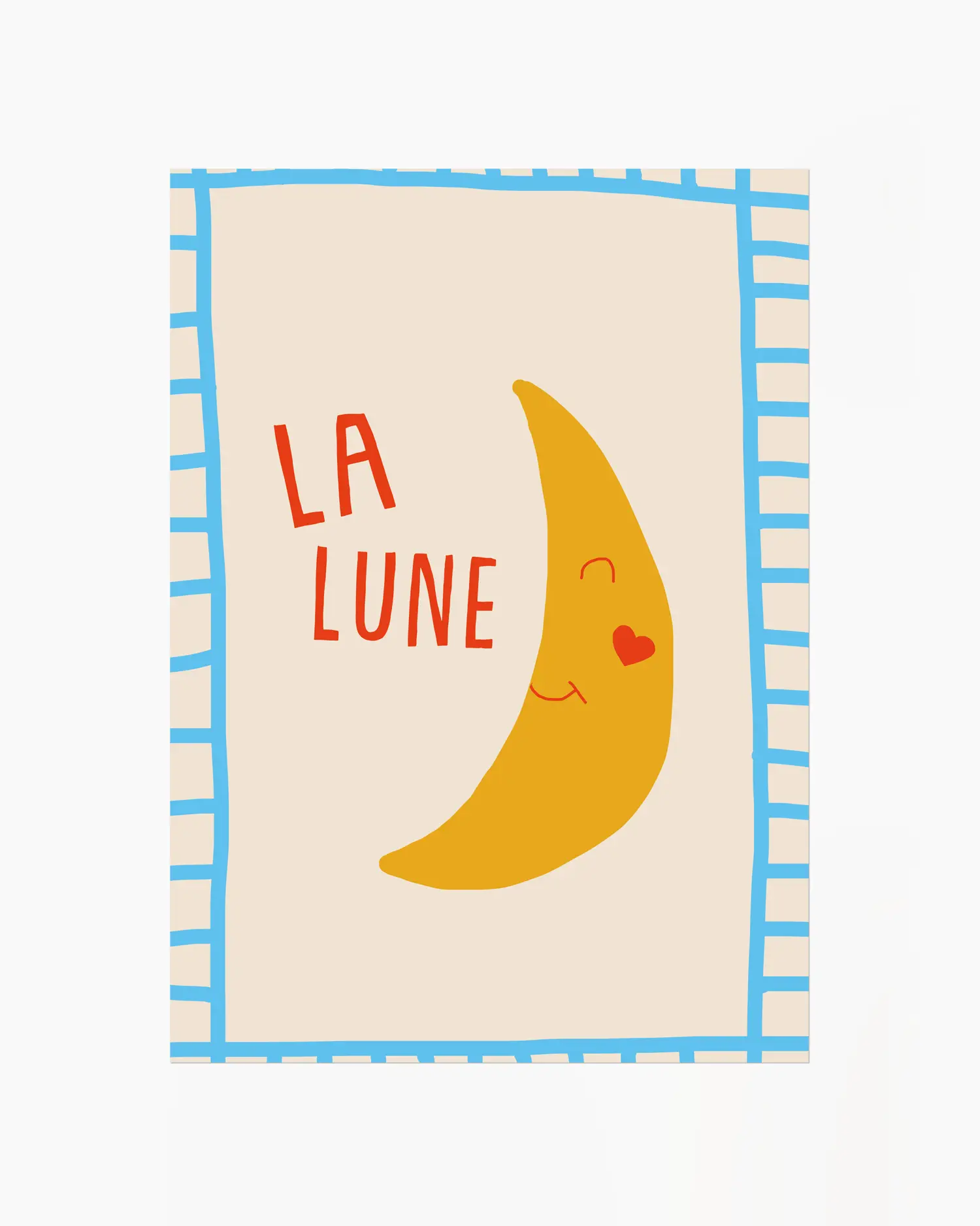 Card with a yellow crescent moon and 'LA LUNE' text on a beige background with blue border