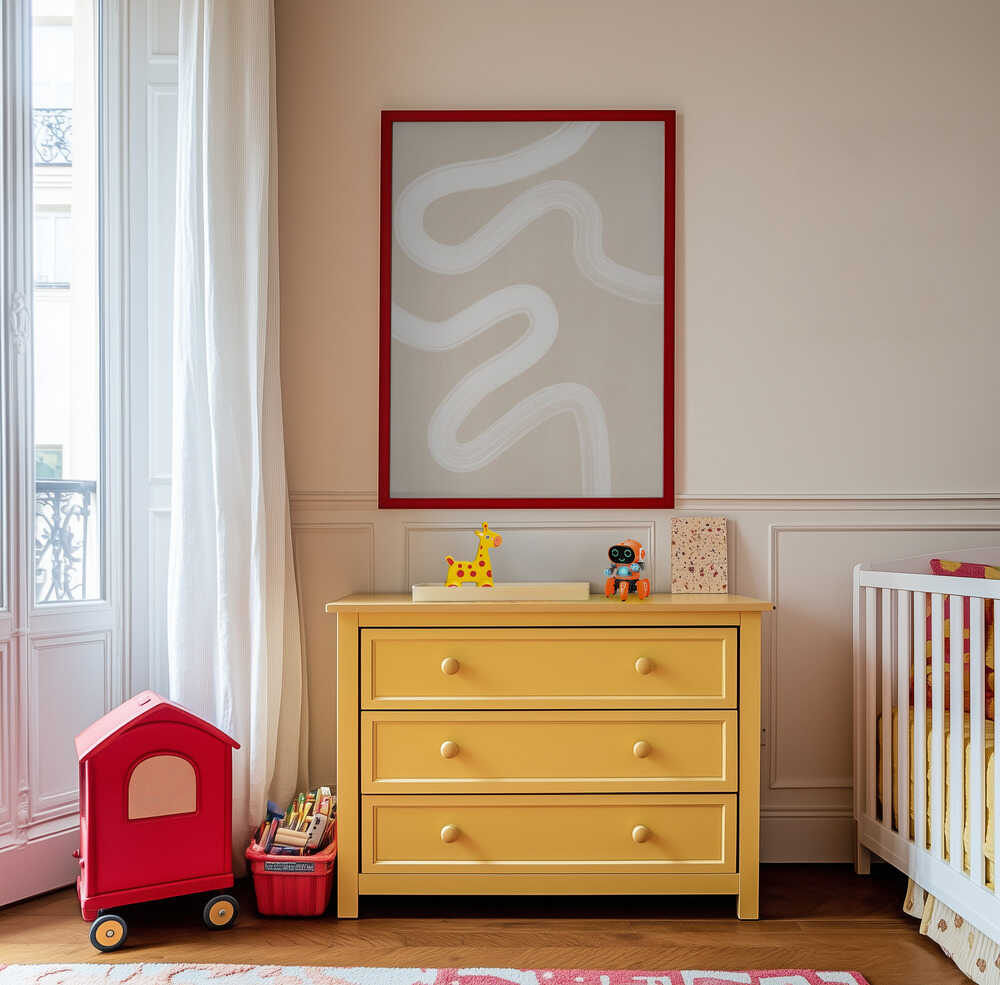 Soft beige and white abstract wall art hanging above a yellow dresser in a kids’ room. The gentle shapes and neutral tones create a peaceful and harmonious feel, ideal for modern family interiors.