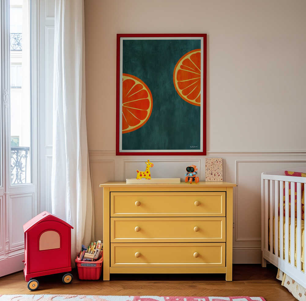 Cheerful orange slice wall art hanging above a yellow dresser in a kids’ room. The bold colors and modern shapes bring a fun, energetic touch to playful children’s interiors or family spaces.