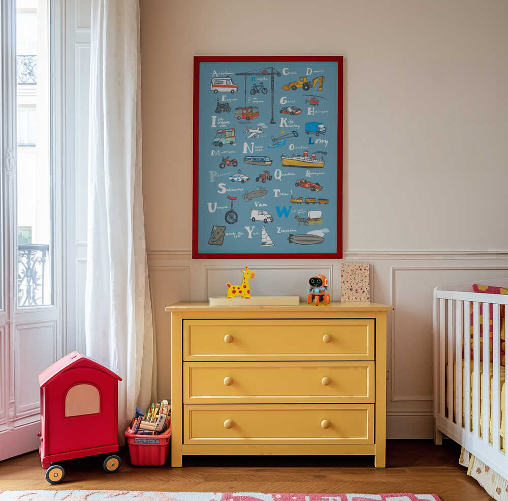Colorful transport-themed alphabet poster with charming illustrations of vehicles, hanging above a yellow dresser in a cheerful children’s room. A creative and educational art print that makes learning fun while brightening up the space.