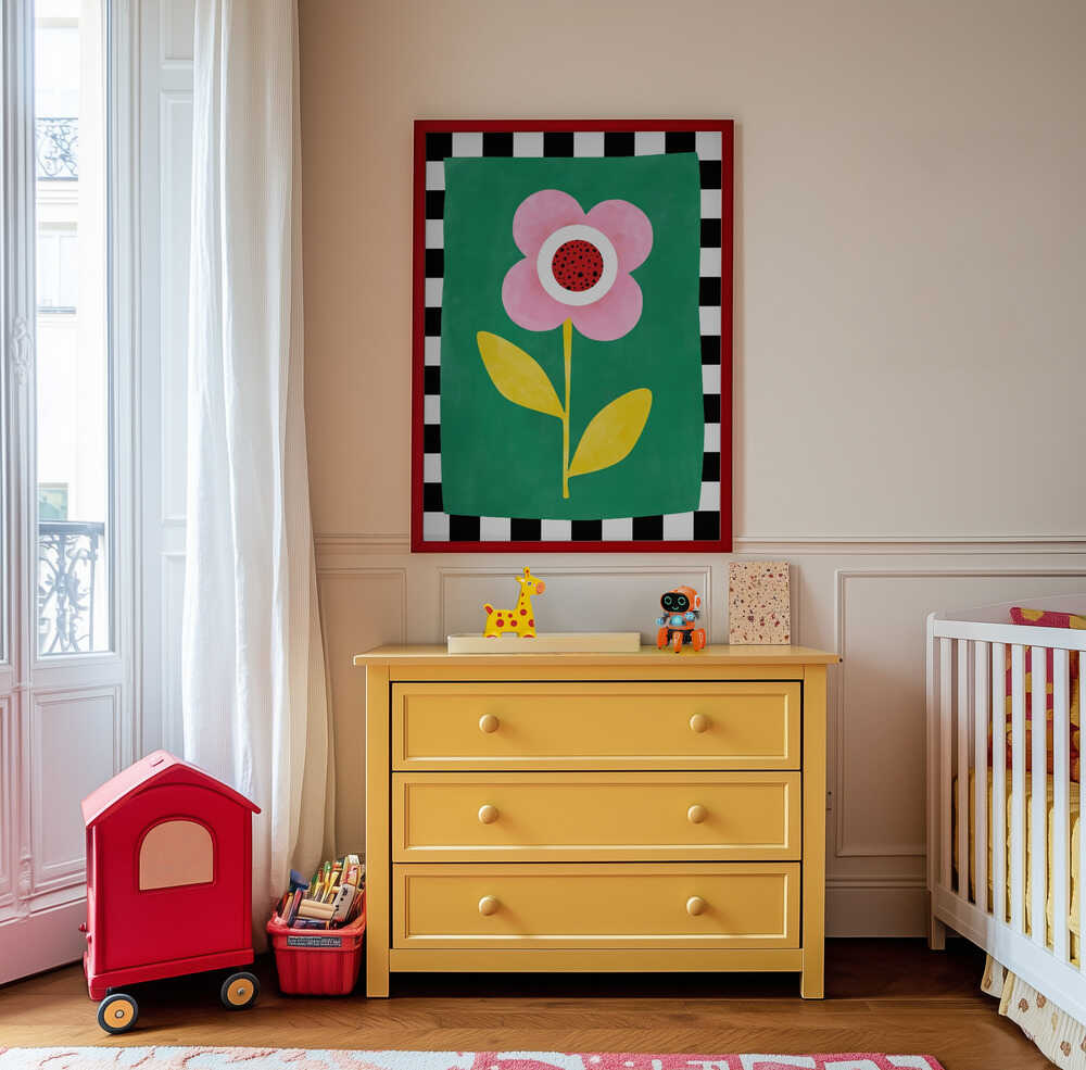 Poster of a big pink, red, white  and yellow flower on a green background and white and black stripes surrounding it like a frame hanging on the wall in the children's room