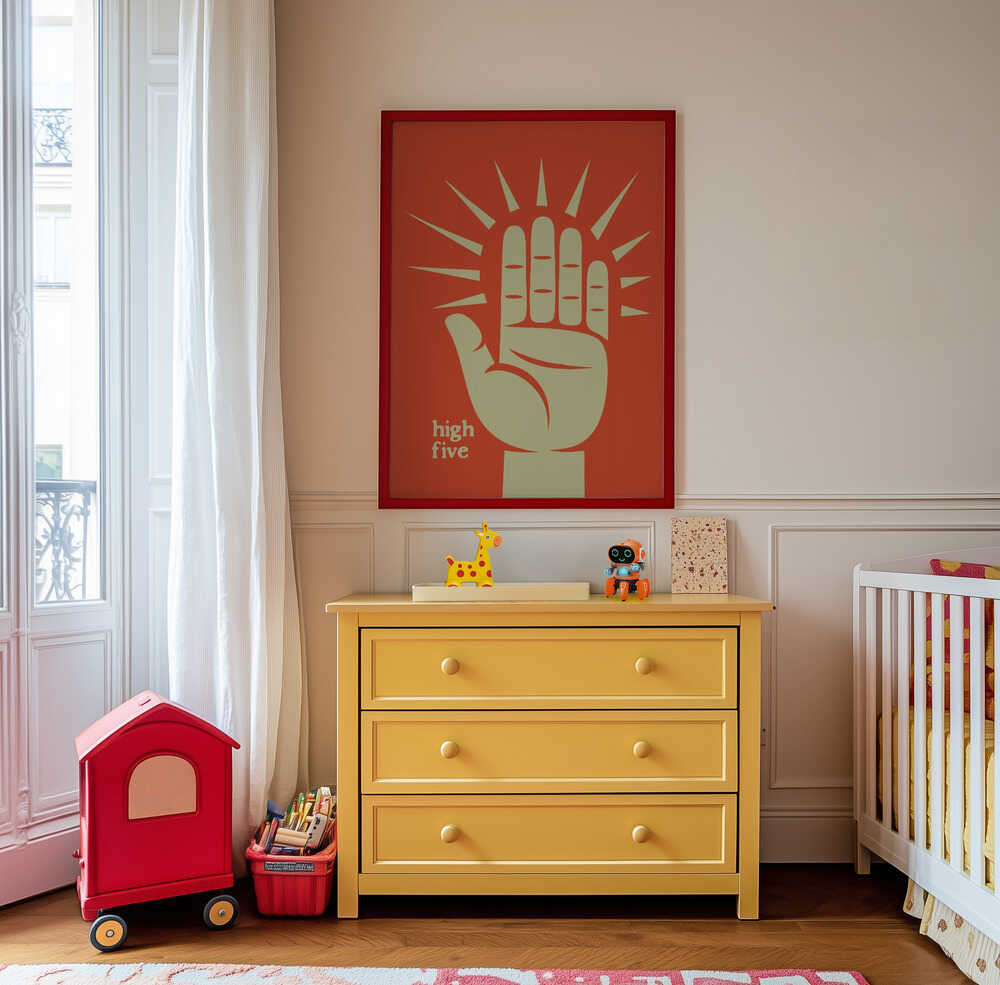High five poster hanging on a wall above a yellow cupboard in the nursery.